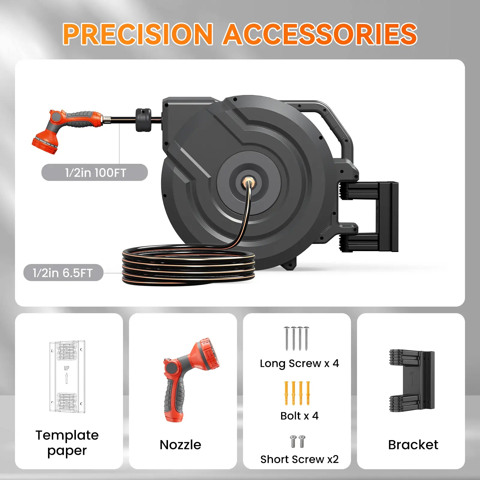 NEOTEC Retractable Garden Hose Reel 1/2 inch x 100ft - Wall Mounted Heavy Duty Hose Reel with 3/4 Inch Brass Fittings & 9-Pattern Nozzle - Auto Rewind System, Any Length Lock, 180° Swivel Bracket G30A1230