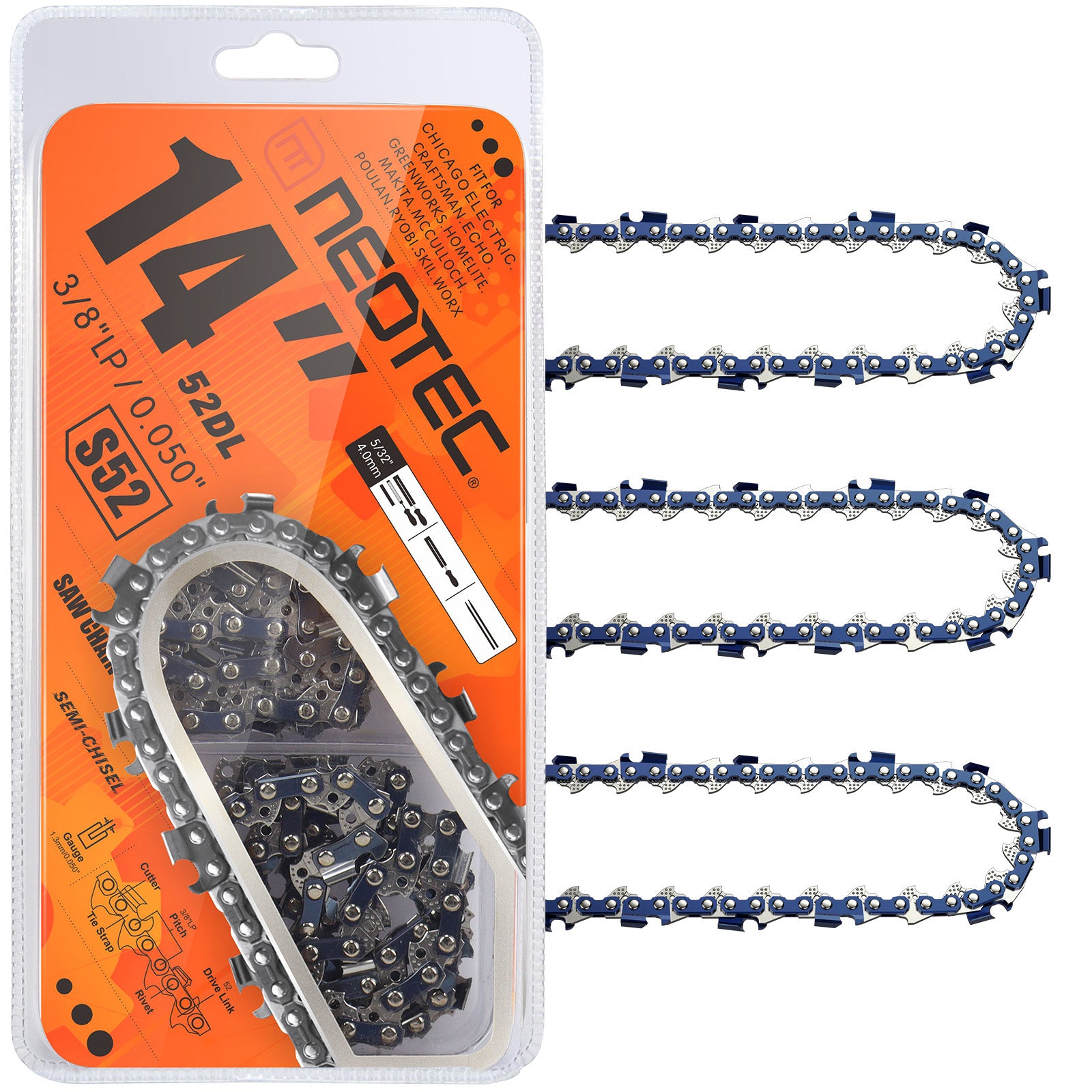 14 Inch Chainsaw Chain 3/8" LP Pitch, 0.050" Gauge, 52 Drive Links Fits for Ryobi RY3714 / RY40503 / RY40530/ 40V RY-40503, Fits Husqvarna 120, Echo CS-310,Makita XCU11Z, WORX and more (3 Chains)