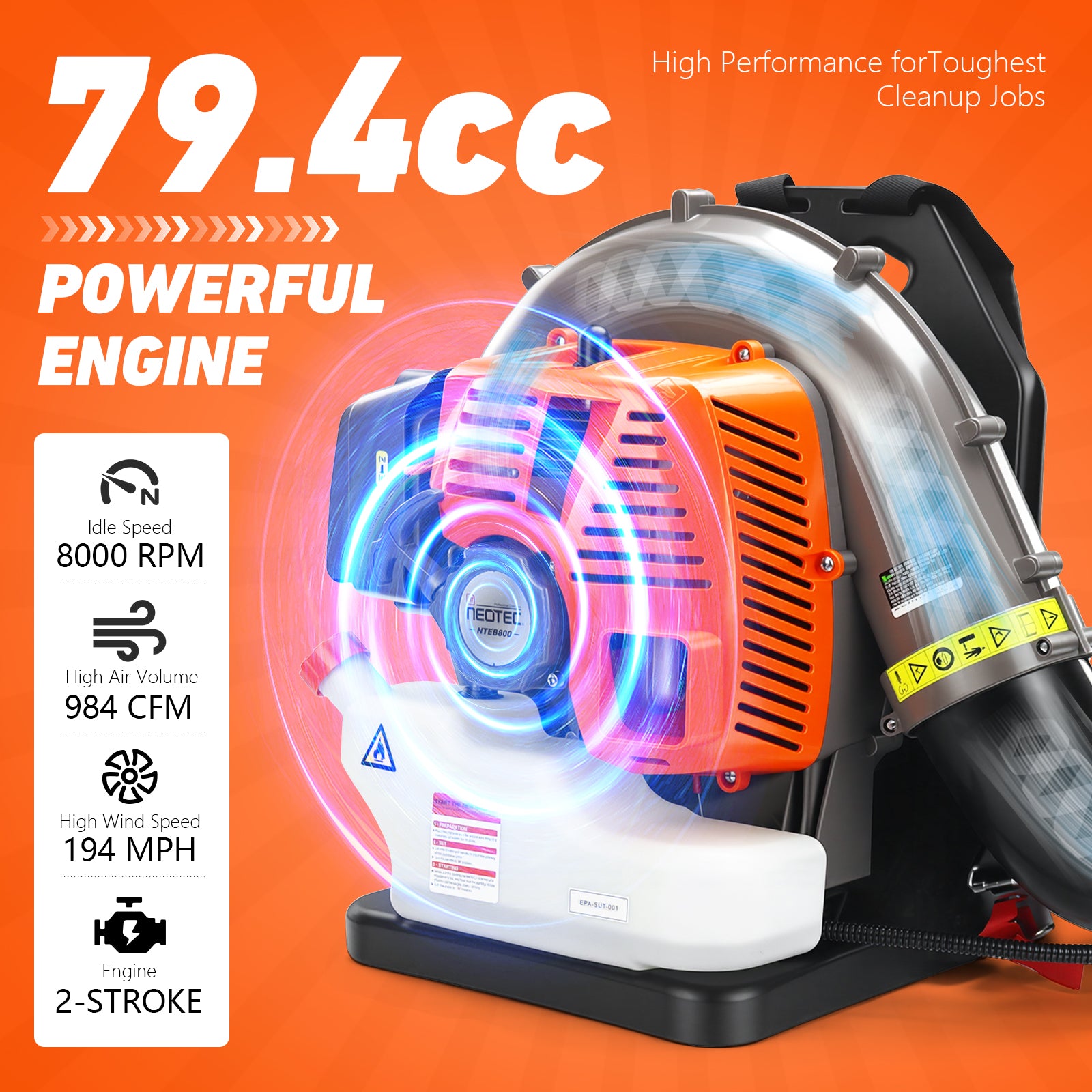 Gas Backpack Leaf Blower 79.4cc 2-Stroke, 984CFM 194MPH Anti-Vibration for Wet Leaves, Yard & Snow Cleanup