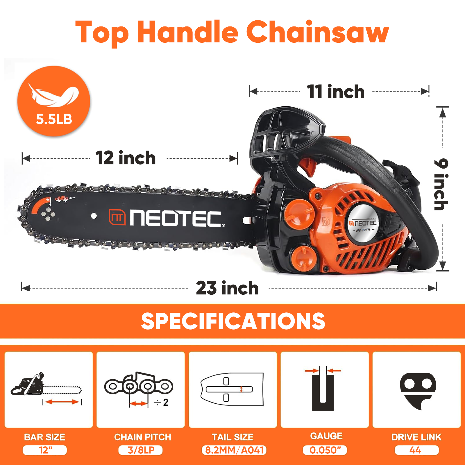 NEOTEC NCS2511 25cc 12" Top Handle Easy Maneuverability Gas Chainsaw