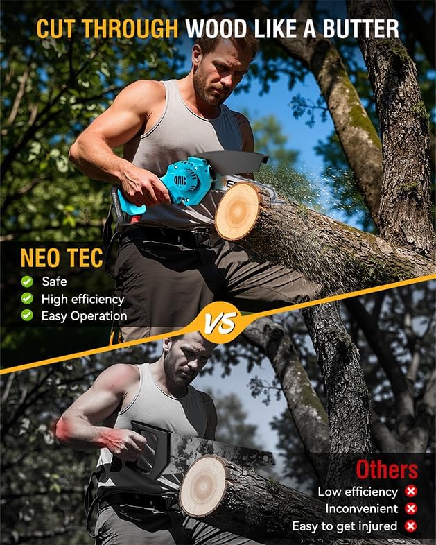 NEO-TEC 6 Inch Mini Chainsaw Cordless with 2 Batteries + 3 Chains + 2 Bars