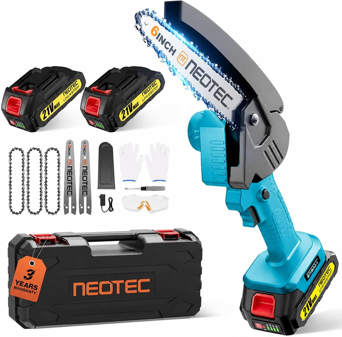 NEO-TEC 6 Inch Mini Chainsaw Cordless with 2 Batteries + 3 Chains + 2 Bars