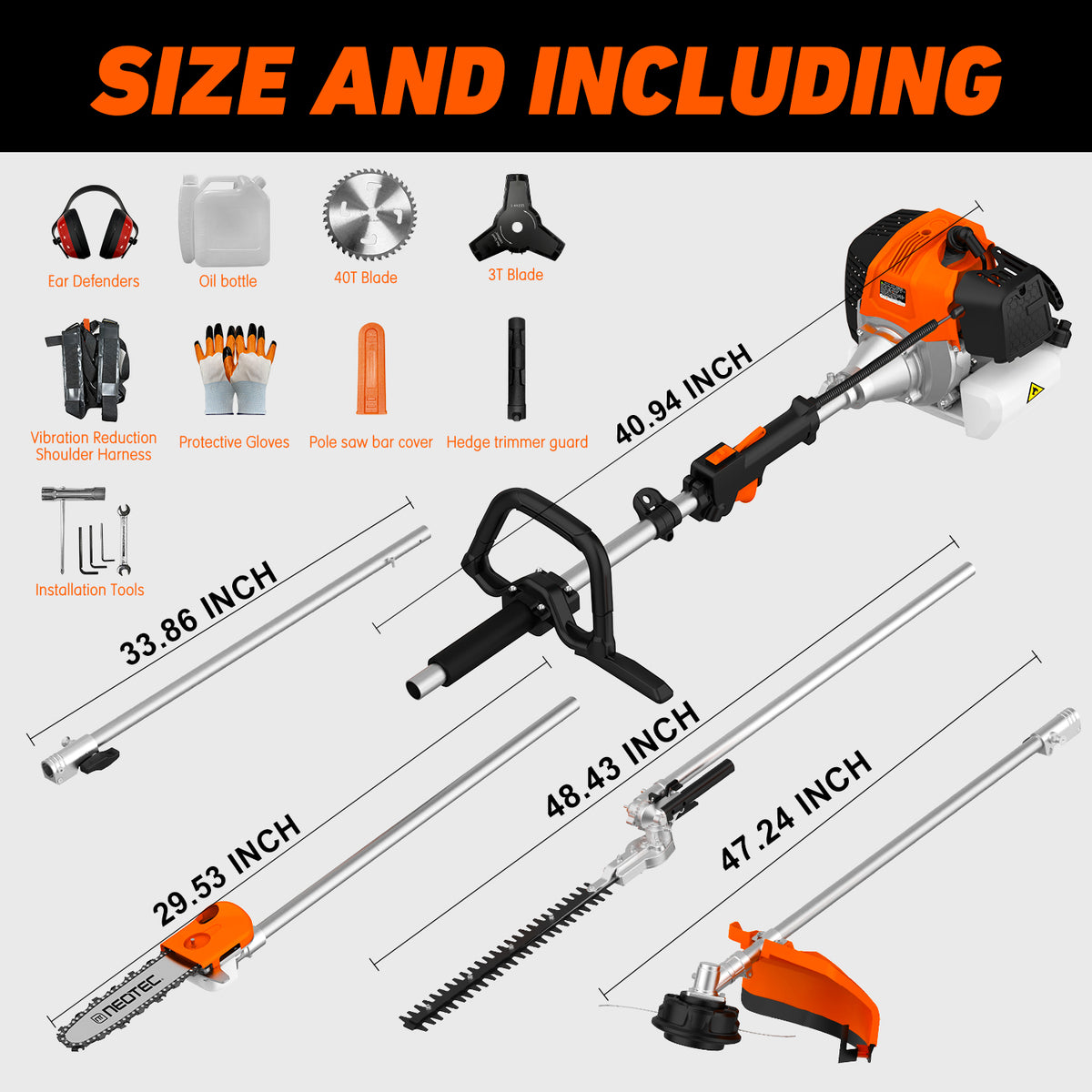 NEO-TEC 52CC 2-Stroke Gas Powered 6-in-1 Multi-Functional Weed Eater & Trimmer Combo Kit - Includes Grass Trimmer, Brush Cutter, Hedge Trimmer, Pole Saw, Blade BC520-6NT