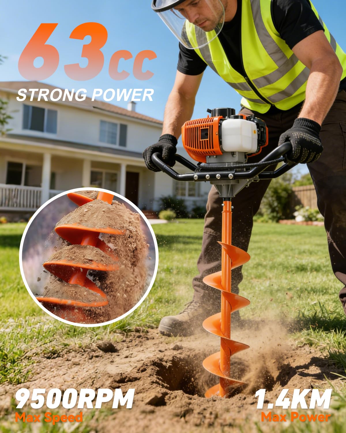ET520 63cc 2-Stroke Gas Powered Earth Auger Petrol Drill Borer for Garden & Lawn