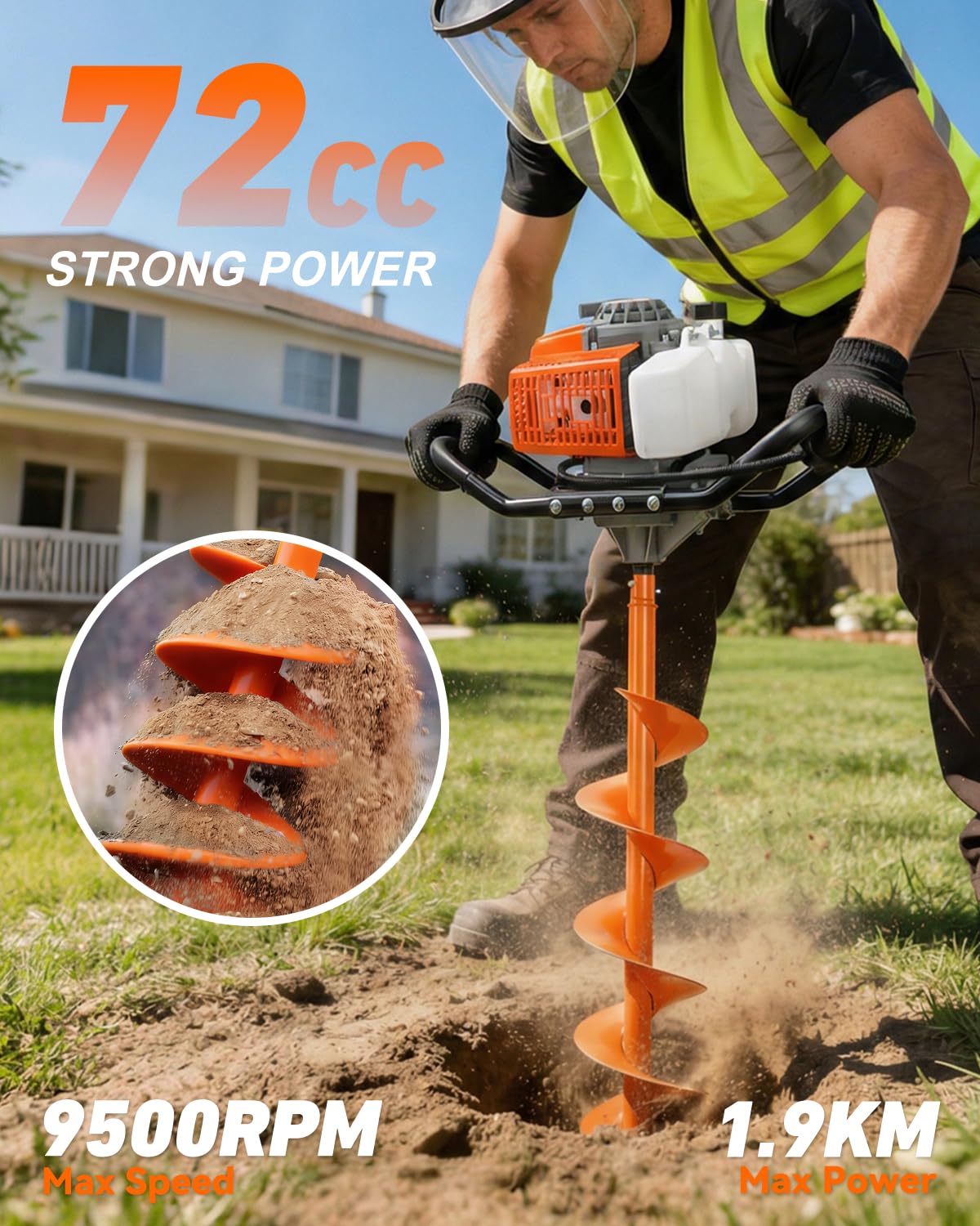 ET720 72CC 2-Stroke Gas Powered Earth Auger Post Fence Hole Digger Powerhead, Petrol Drill Borer for Garden & Lawn