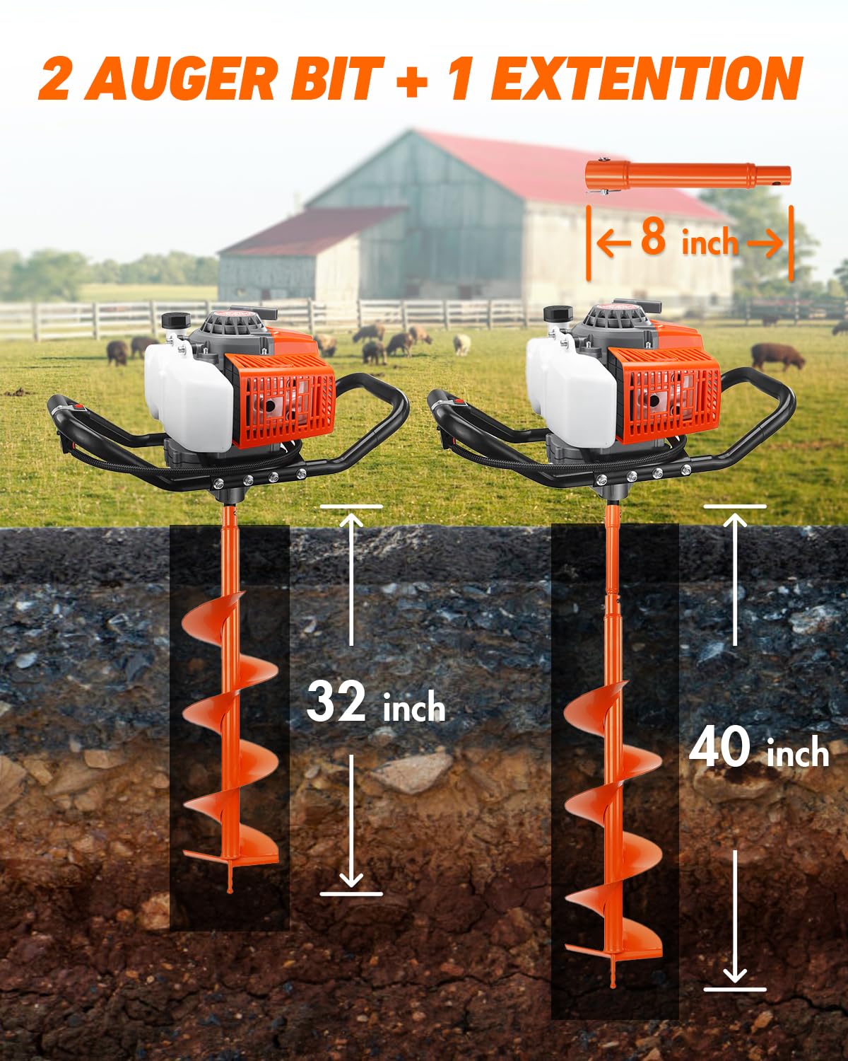 ET720 72CC 2-Stroke Gas Powered Earth Auger Post Fence Hole Digger Powerhead, Petrol Drill Borer for Garden & Lawn