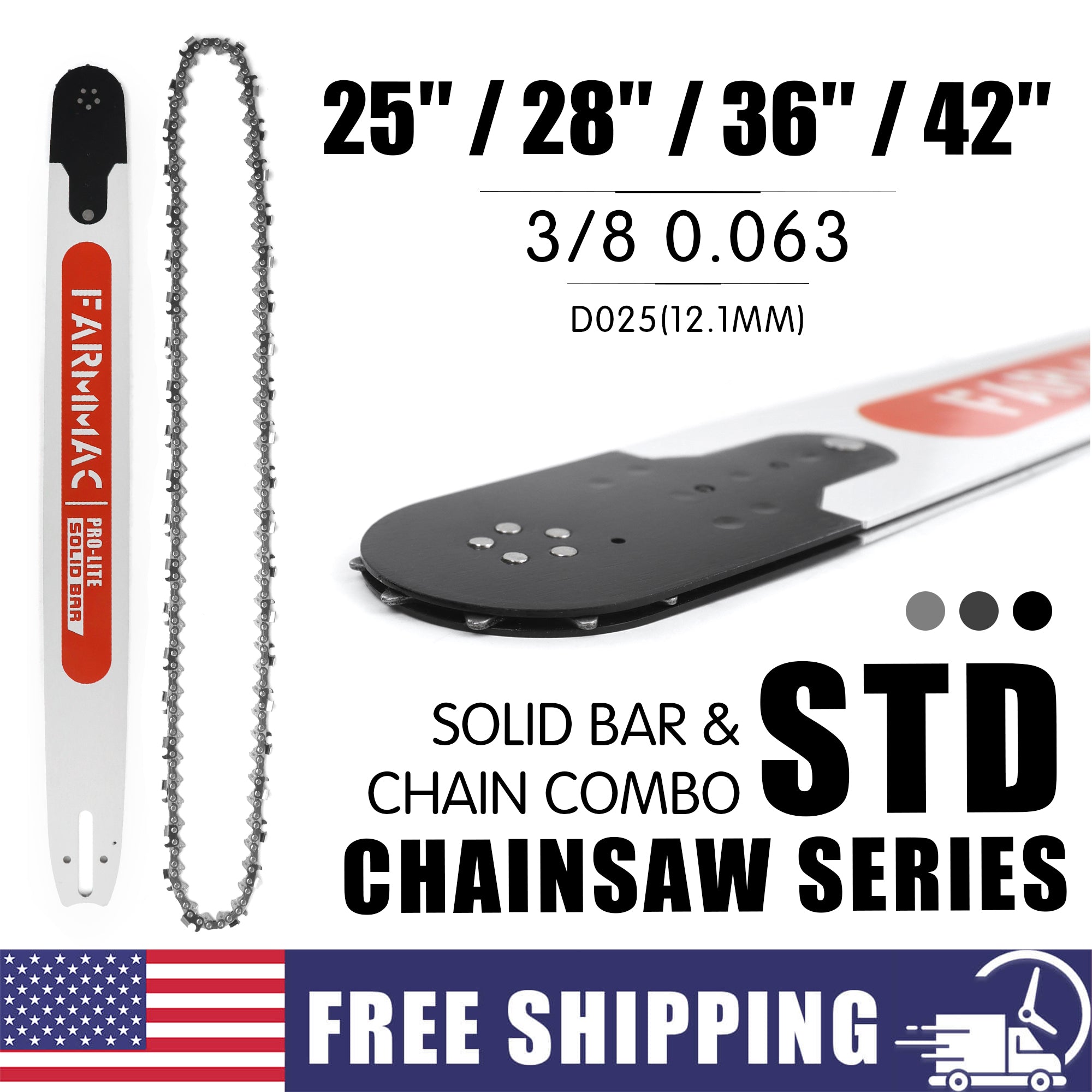 FARMMAC Chainsaw Bar and Chain Combo 3/8 Pitch 0.063 Gauge 25 28 36 42in U.S. STOCK