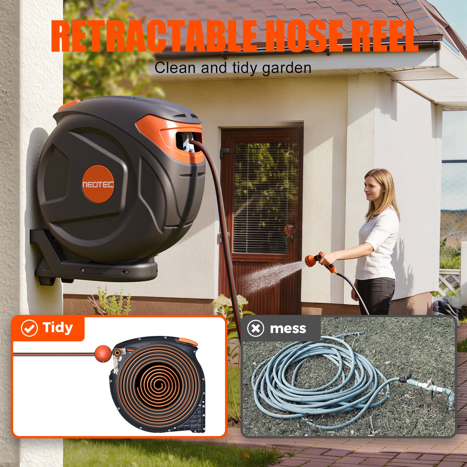 NEOTEC Retractable Garden Hose Reel 1/2 inch x 85ft 9 Pattern Nozzle Wall-Mounted Any Length Lock Automatic Return G251225