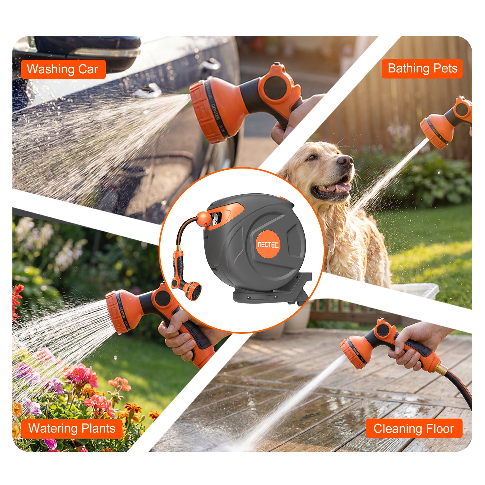 NEOTEC Retractable Garden Hose Reel 1/2 inch x 85ft 9 Pattern Nozzle Wall-Mounted Any Length Lock Automatic Return G251225