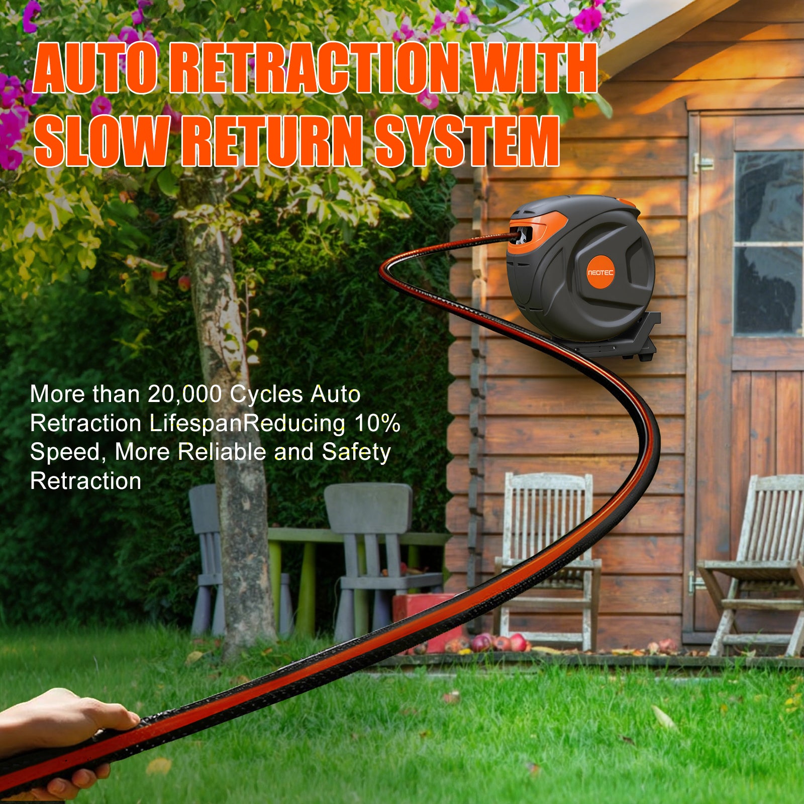 NEOTEC Retractable Garden Hose Reel 1/2 inch x 85ft 9 Pattern Nozzle Wall-Mounted Any Length Lock Automatic Return G251225