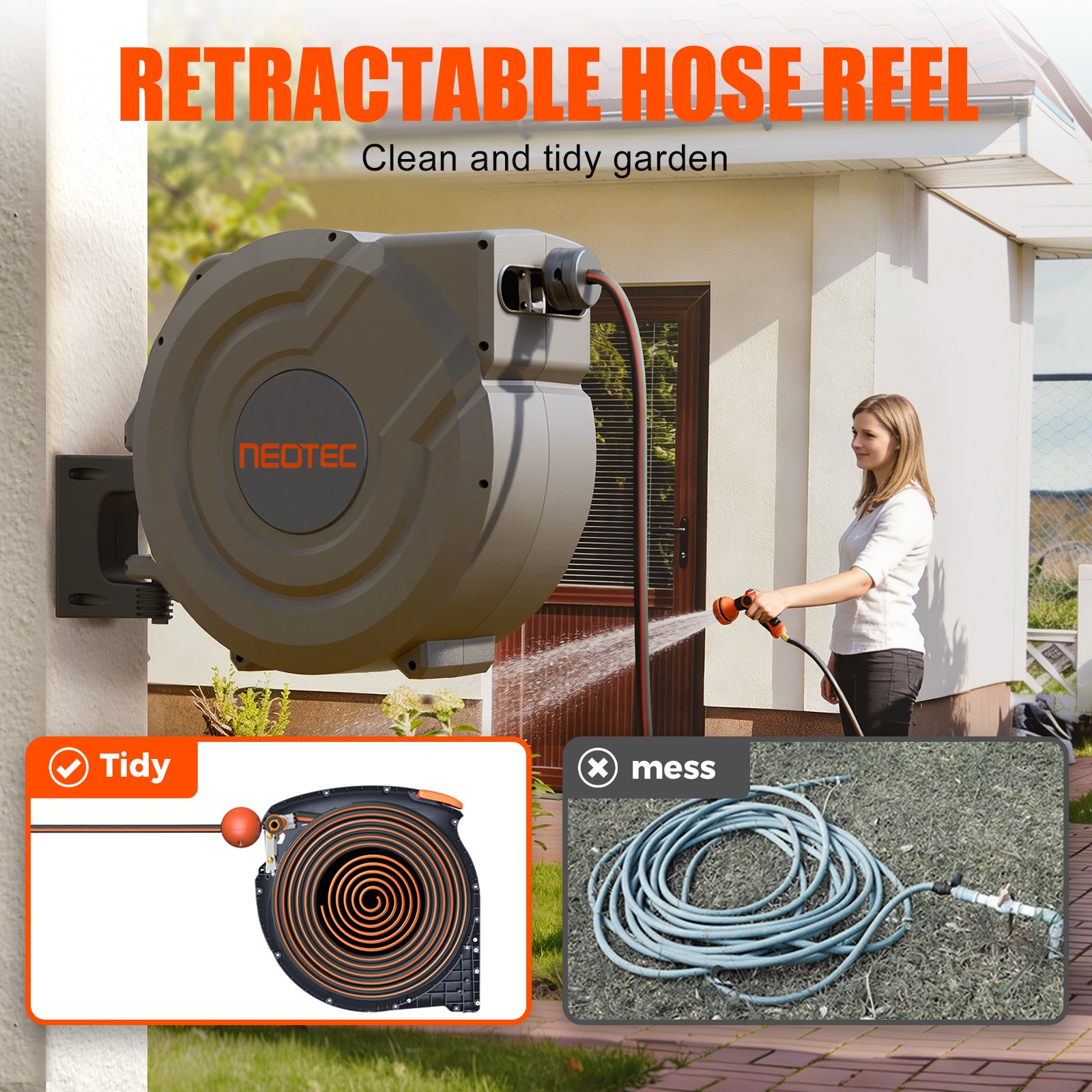 NEOTEC Retractable Garden Hose Reel 1/2 inch x 100ft - Wall Mounted Heavy Duty Hose Reel with 3/4 Inch Brass Fittings & 9-Pattern Nozzle - Auto Rewind System, Any Length Lock, 180° Swivel Bracket G30A1230
