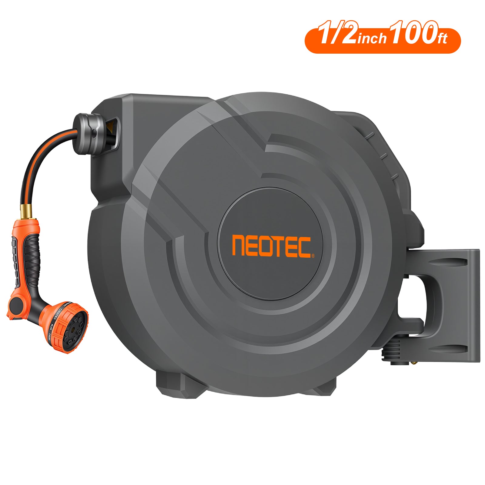 NEOTEC Retractable Garden Hose Reel 1/2 inch x 100ft - Wall Mounted Heavy Duty Hose Reel with 3/4 Inch Brass Fittings & 9-Pattern Nozzle - Auto Rewind System, Any Length Lock, 180° Swivel Bracket G30A1230