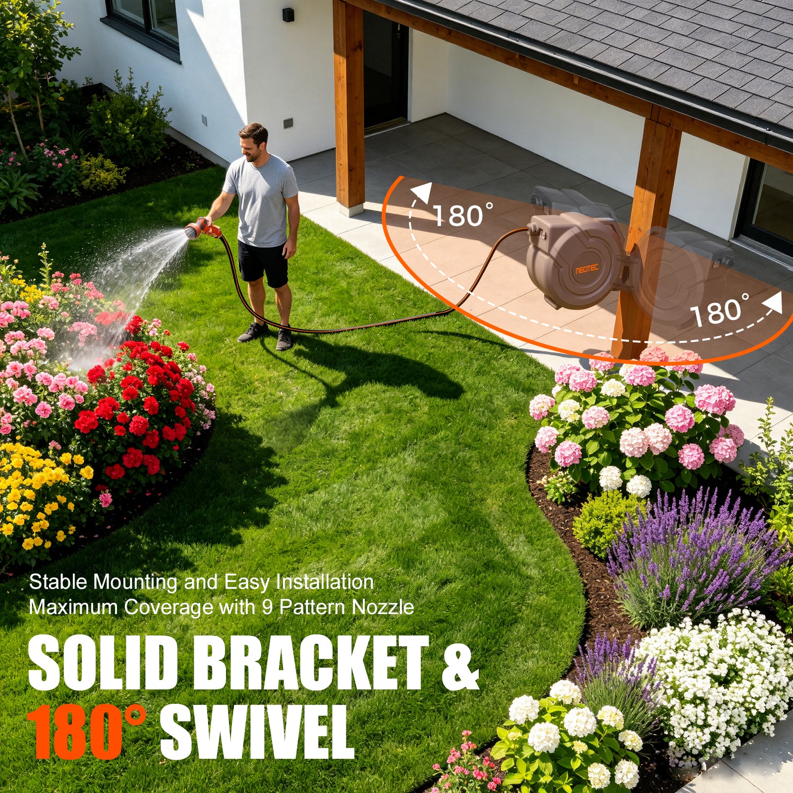 Upgraded Retractable Garden Hose Reel 1/2 inch x 130 ft Any Length Lock 9 Pattern Nozzle G401240A