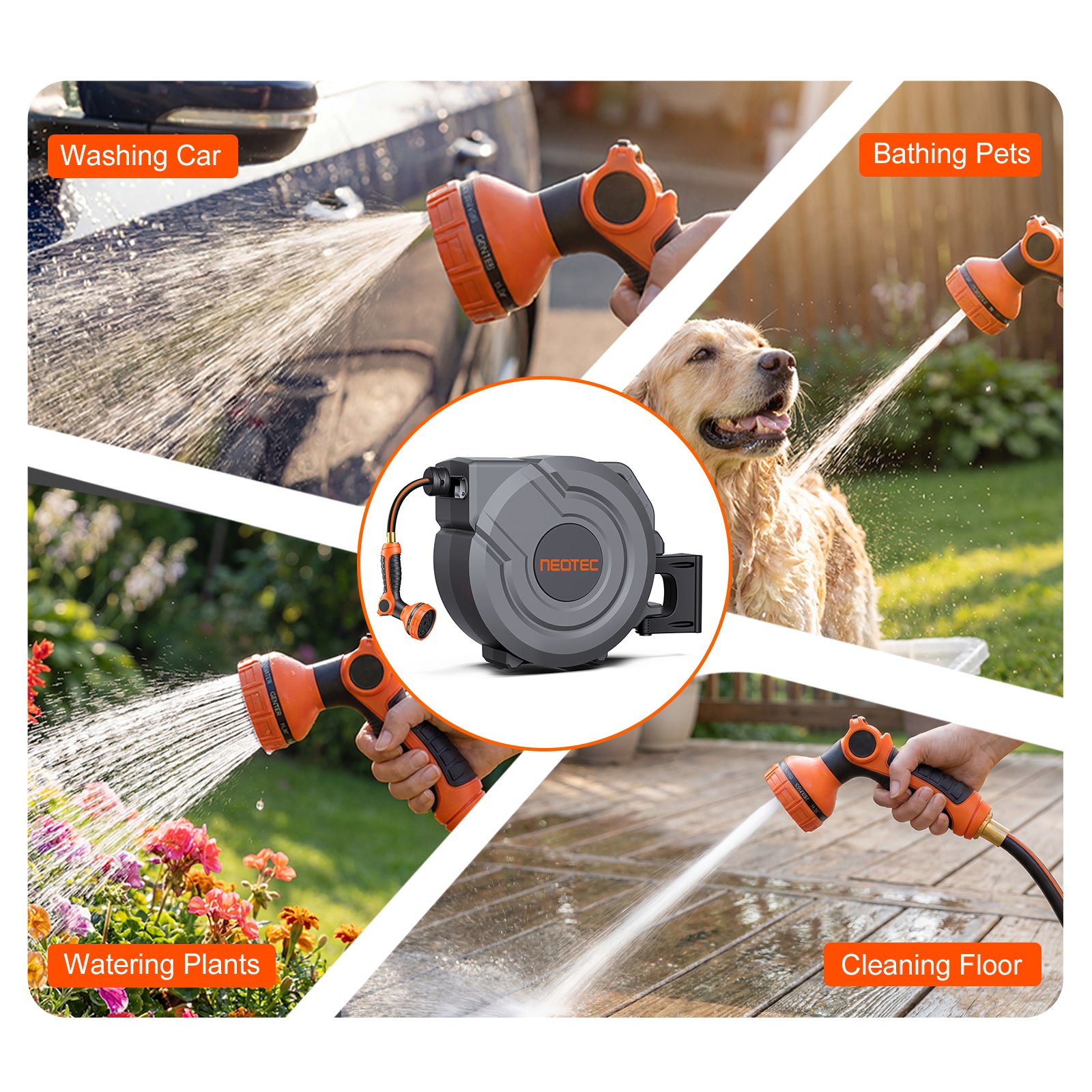Upgraded Retractable Garden Hose Reel 1/2 inch x 130 ft Any Length Lock 9 Pattern Nozzle G401240A