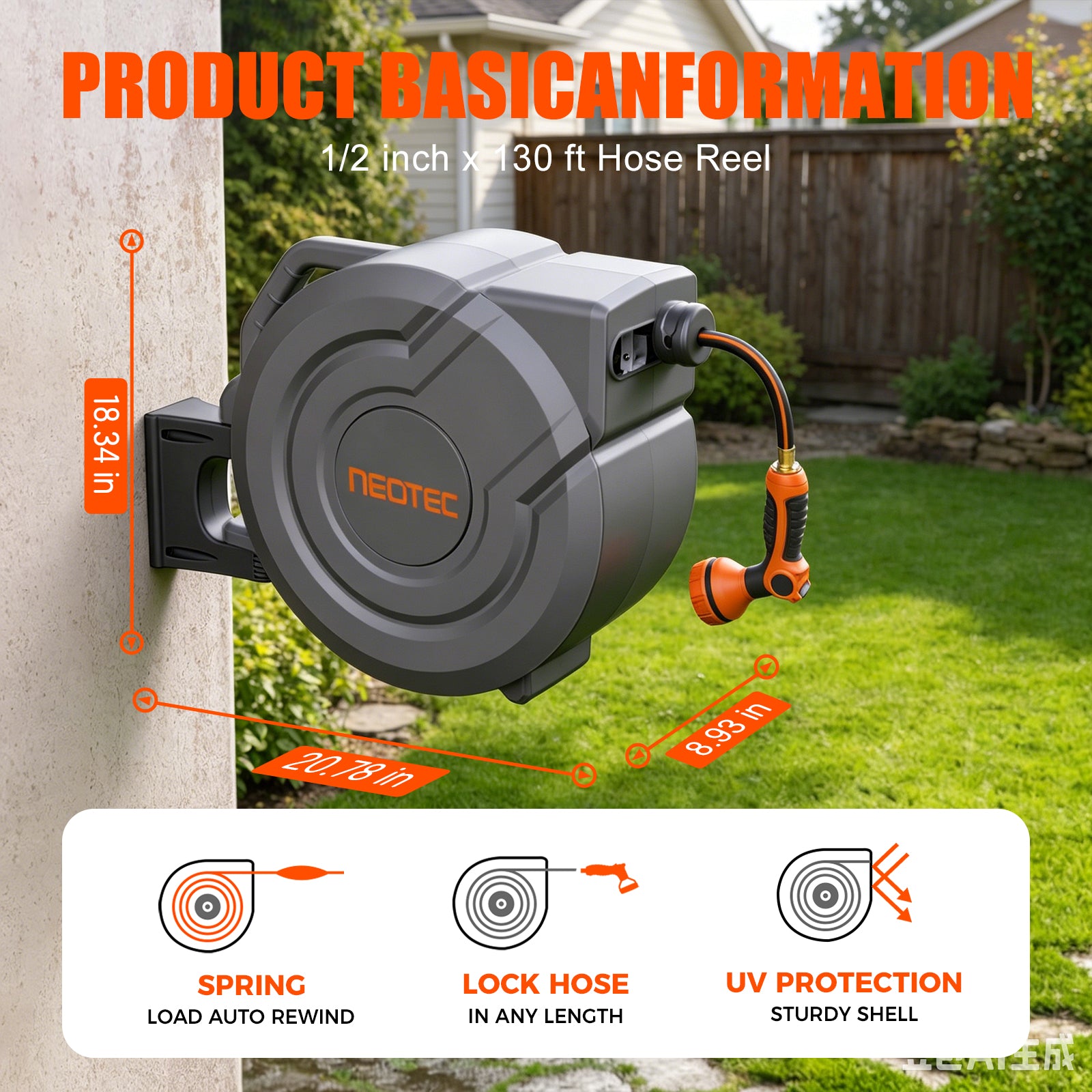 Upgraded Retractable Garden Hose Reel 1/2 inch x 130 ft Any Length Lock 9 Pattern Nozzle G401240A