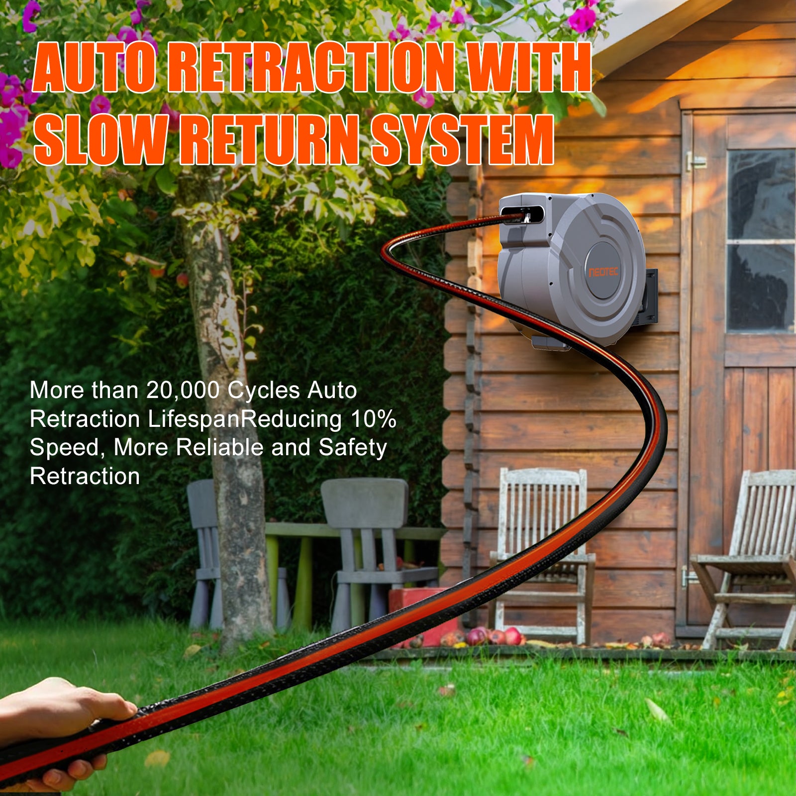 Upgraded Retractable Garden Hose Reel 1/2 inch x 130 ft Any Length Lock 9 Pattern Nozzle G401240A