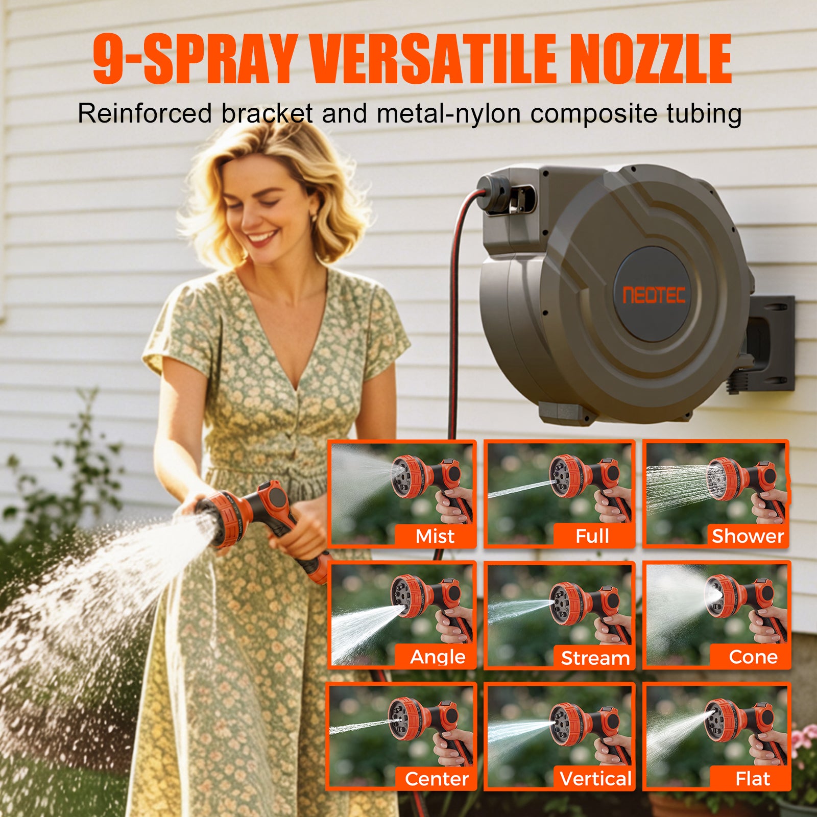 NEOTEC Upgraded Retractable Garden Hose Reel 100ft 5/8 Inch Wall Mount 180° Swivel with 9 Pattern Nozzle G405830
