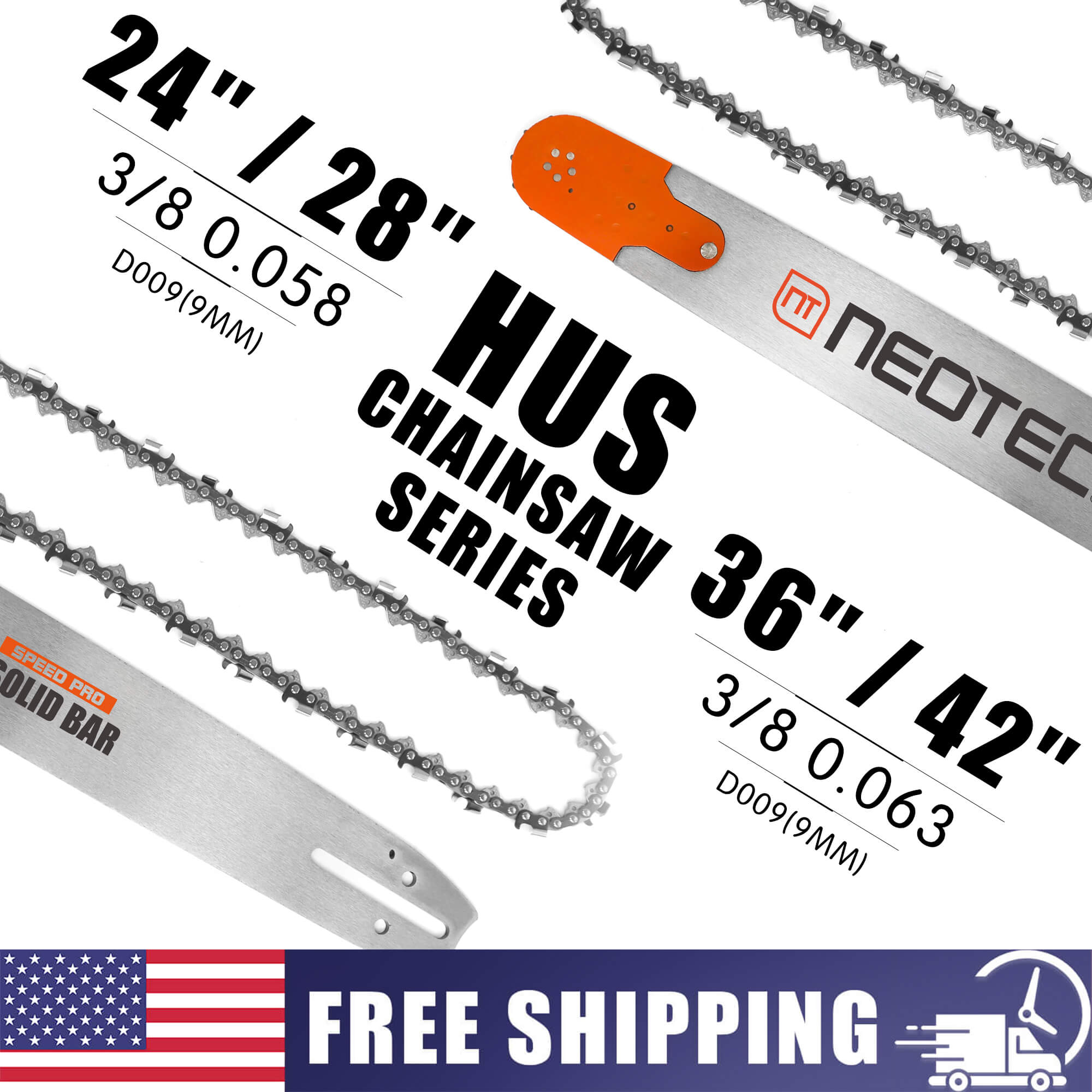 neotec Husqvarna Chainsaw Bar 3/8 .058/.063 Gauge 24-42in Laser-Milled Guide Bar US Stock