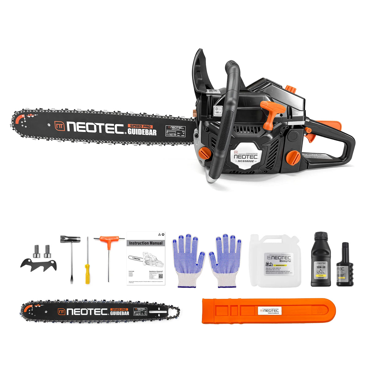 NEOTEC NCS5800E 58CC Gas Chainsaw 18" & 20" Bar Easy Start for Wood Cutting
