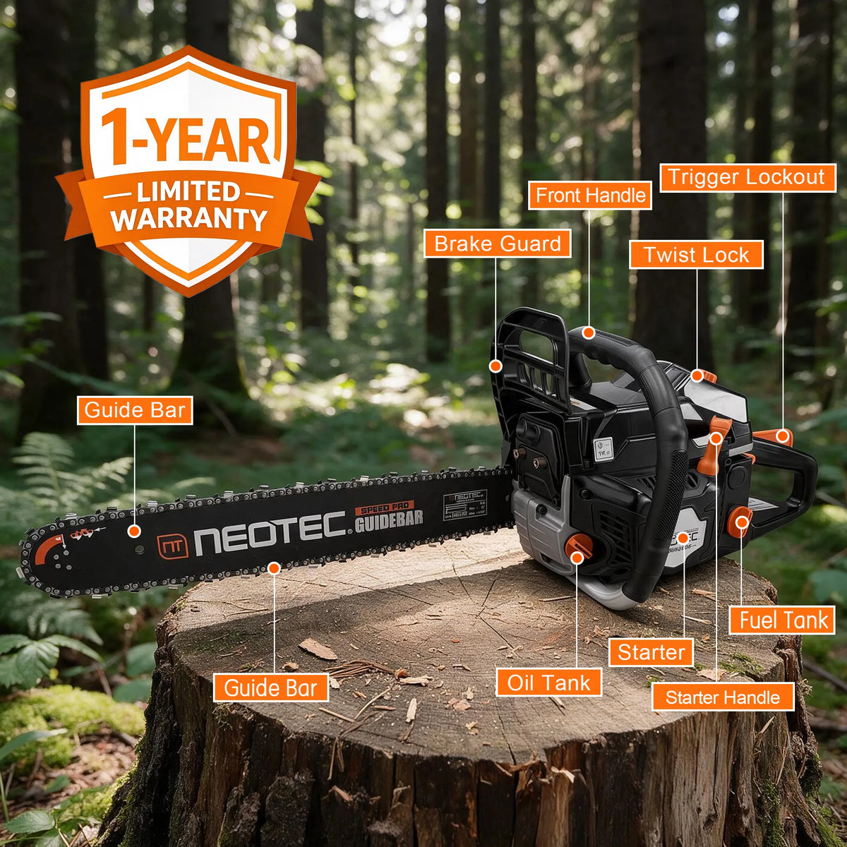 NEOTEC NCS5800E 58CC Gas Chainsaw 18" & 20" Bar Easy Start for Wood Cutting