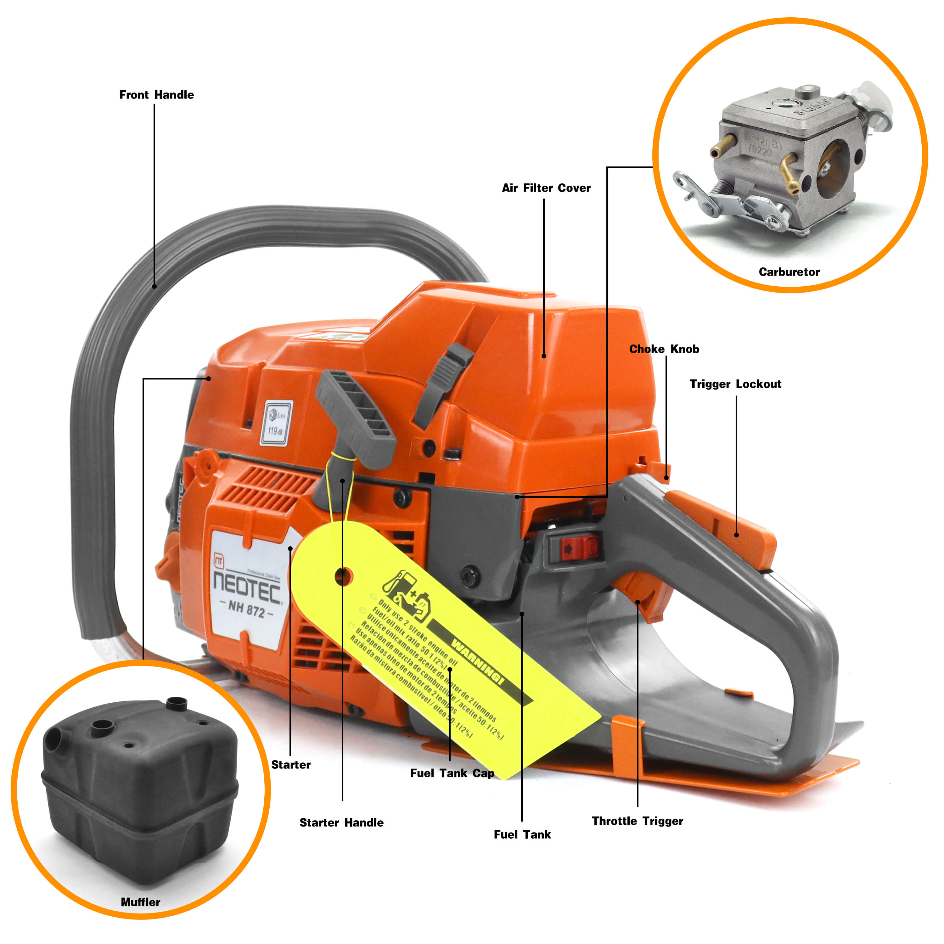 NEOTEC Gas Chainsaw NH872 71cc logging chainsaw with anti-vibration handle