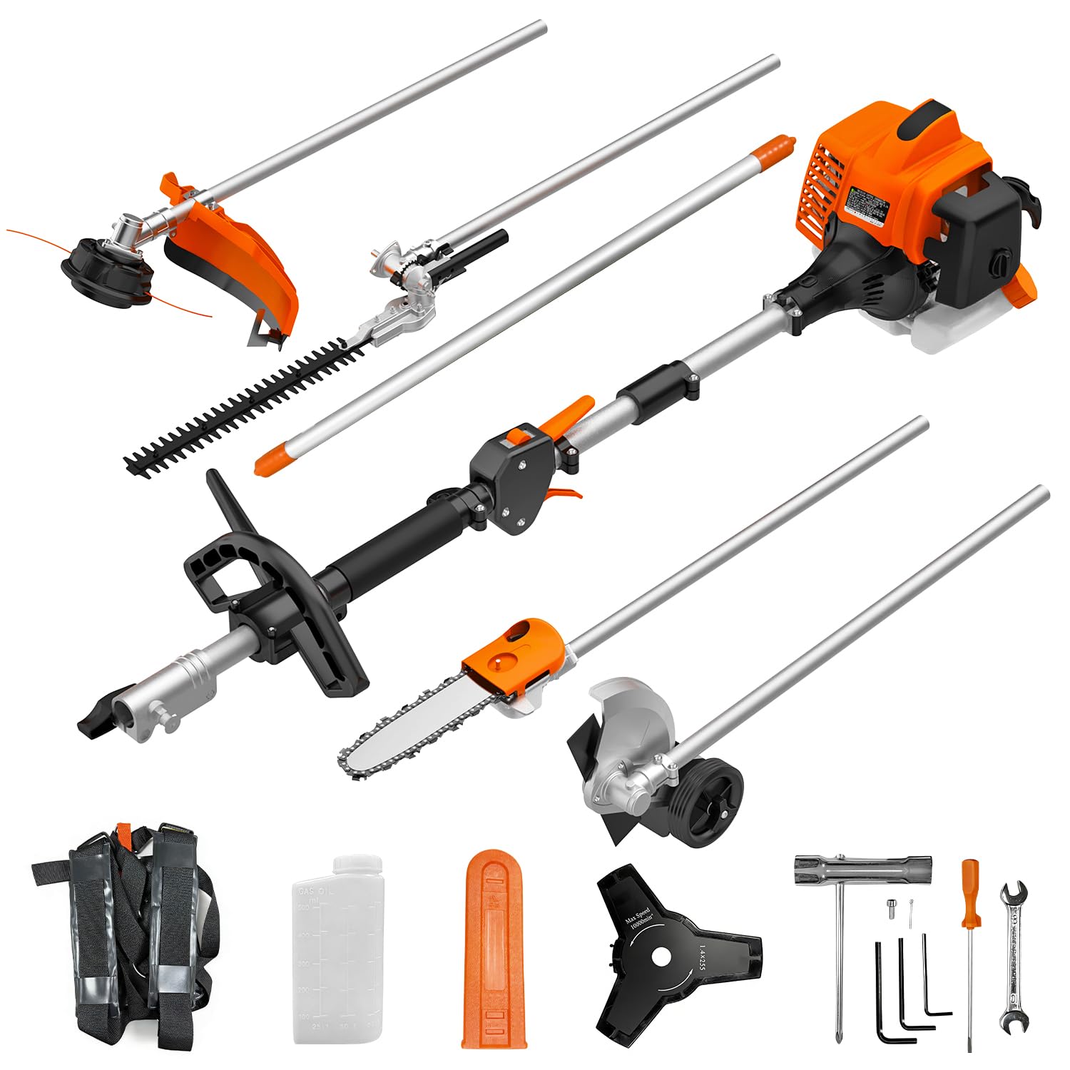 NEOTEC 26cc 6 in 1 Multi Functional Combo Kit, 2 Cycle Gas Powered Hedge Trimmer, Weed Eater Wacker, String Trimmer, Brush Cutter, Edger with 3.3FT Extension Rod