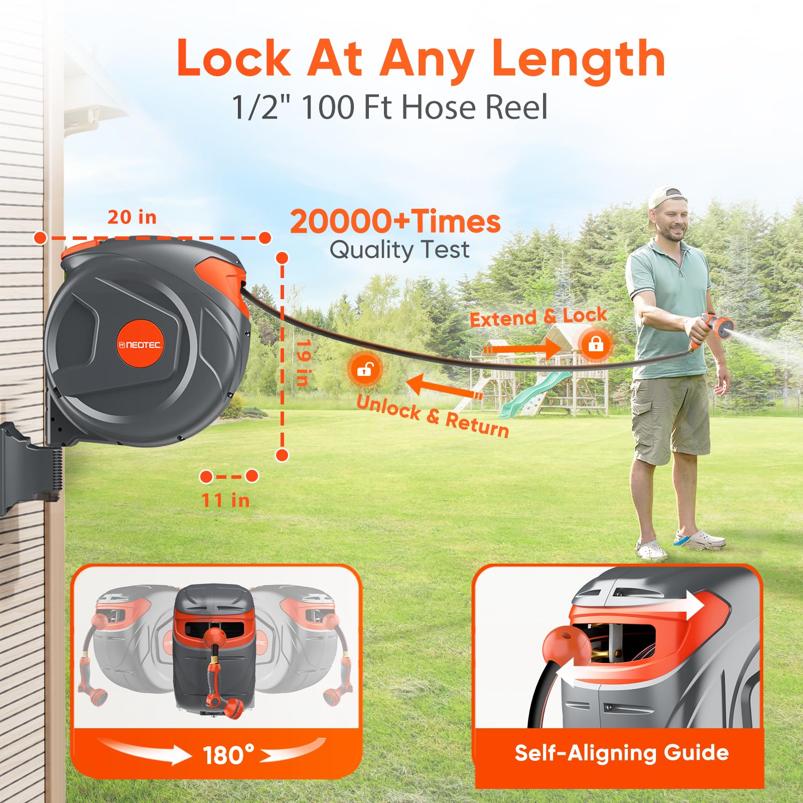 NEOTEC Retractable 1/2" x 100ft Garden Hose Reel - Wall Mounted, Auto Rewind, Brass Fittings & 9-Pattern Nozzle G30A1230