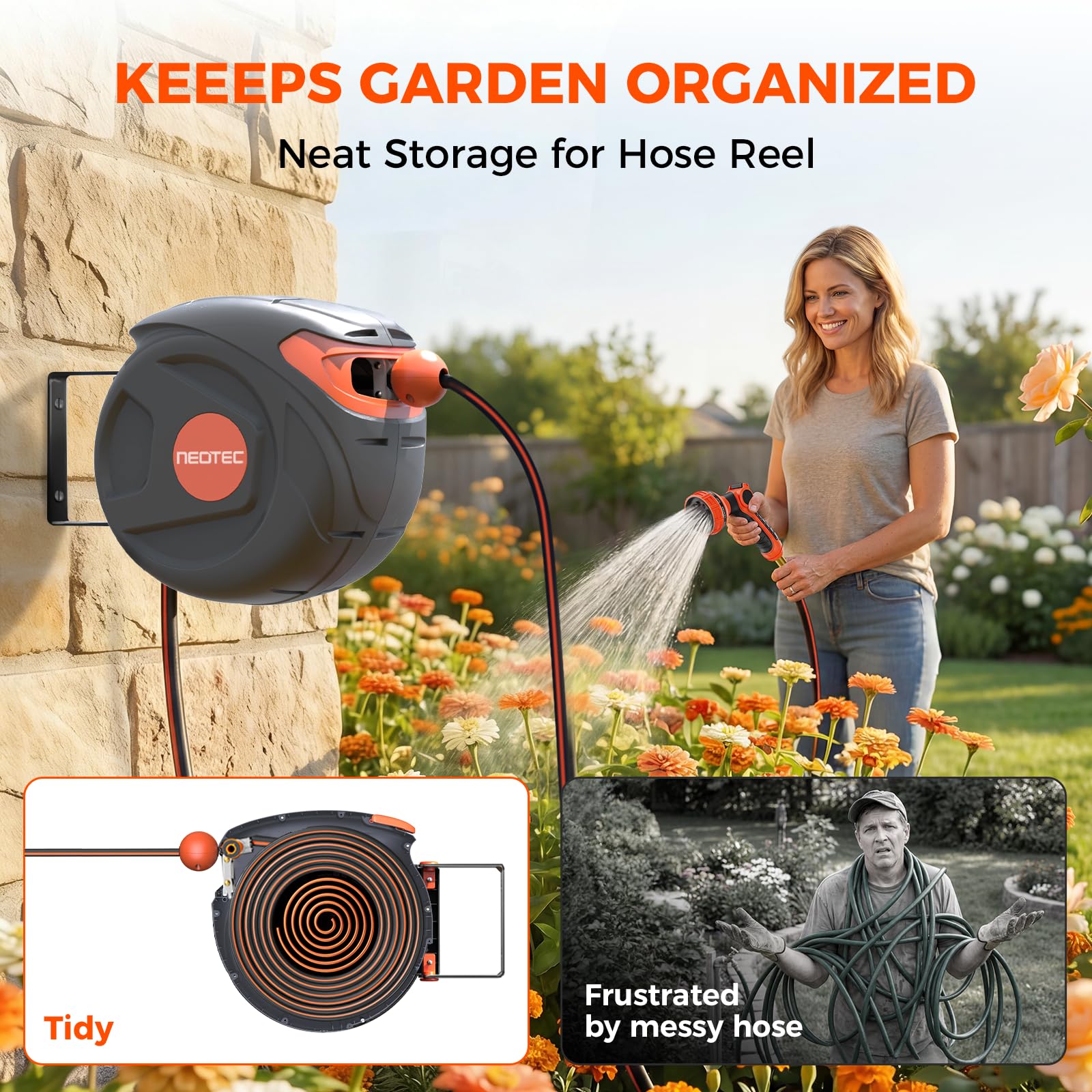 NEO-TEC 33ft 1/2 Inch Retractable Garden Hose Reel Wall Mount 9 Pattern Nozzle G101210