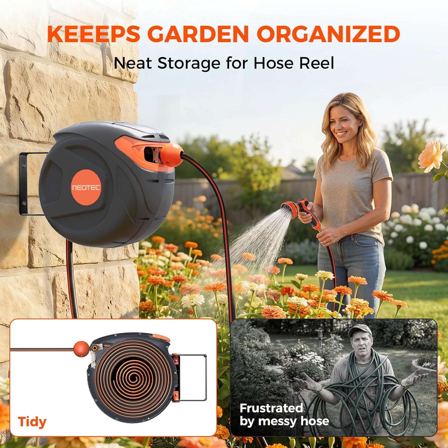 NEO-TEC 50ft 1/2 Inch Retractable Garden Hose Reel, 180° Swivel Wall Mount with 9 Pattern Nozzle G151215