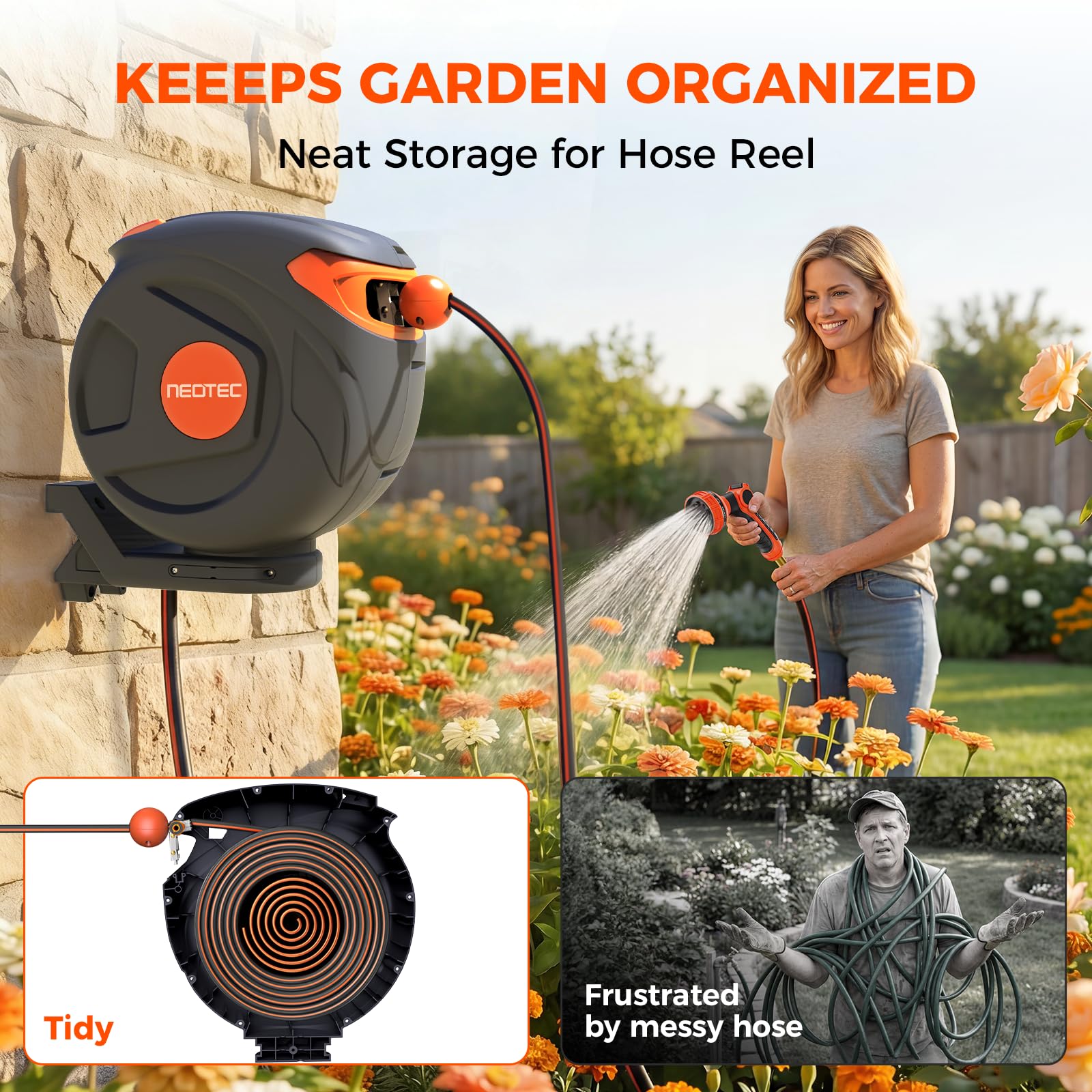 NEOTEC 50ft 5/8 Inch Retractable Garden Hose Reel, Heavy Duty UV Resistant Wall Mount G255815