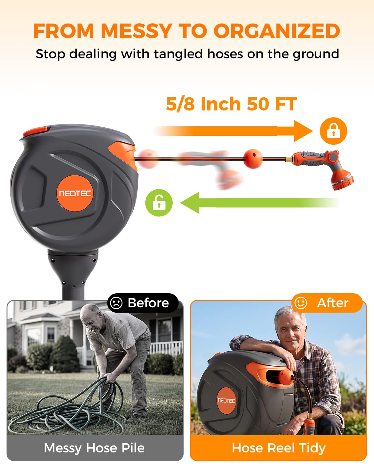 NEOTEC Retractable Garden Hose Reel 50ft 5/8 Inch, Ground Mount No-Drill 360° Swivel G255815T