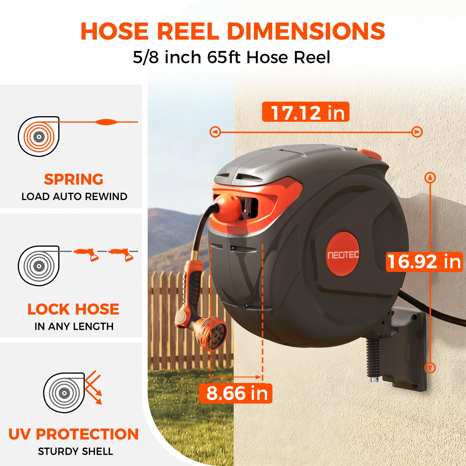 NEOTEC Retractable Garden Hose Reel 65ft 5/8 Inch, Wall Mount 180° Swivel with 9 Pattern Nozzle G30A5820