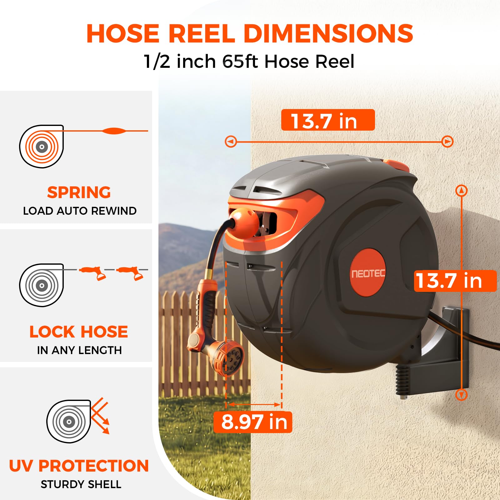 NEOTEC New Retractable Garden Hose Reel 65ft 1/2 Inch Wall Mount 180° Swivel with 9 Pattern Nozzle G201220
