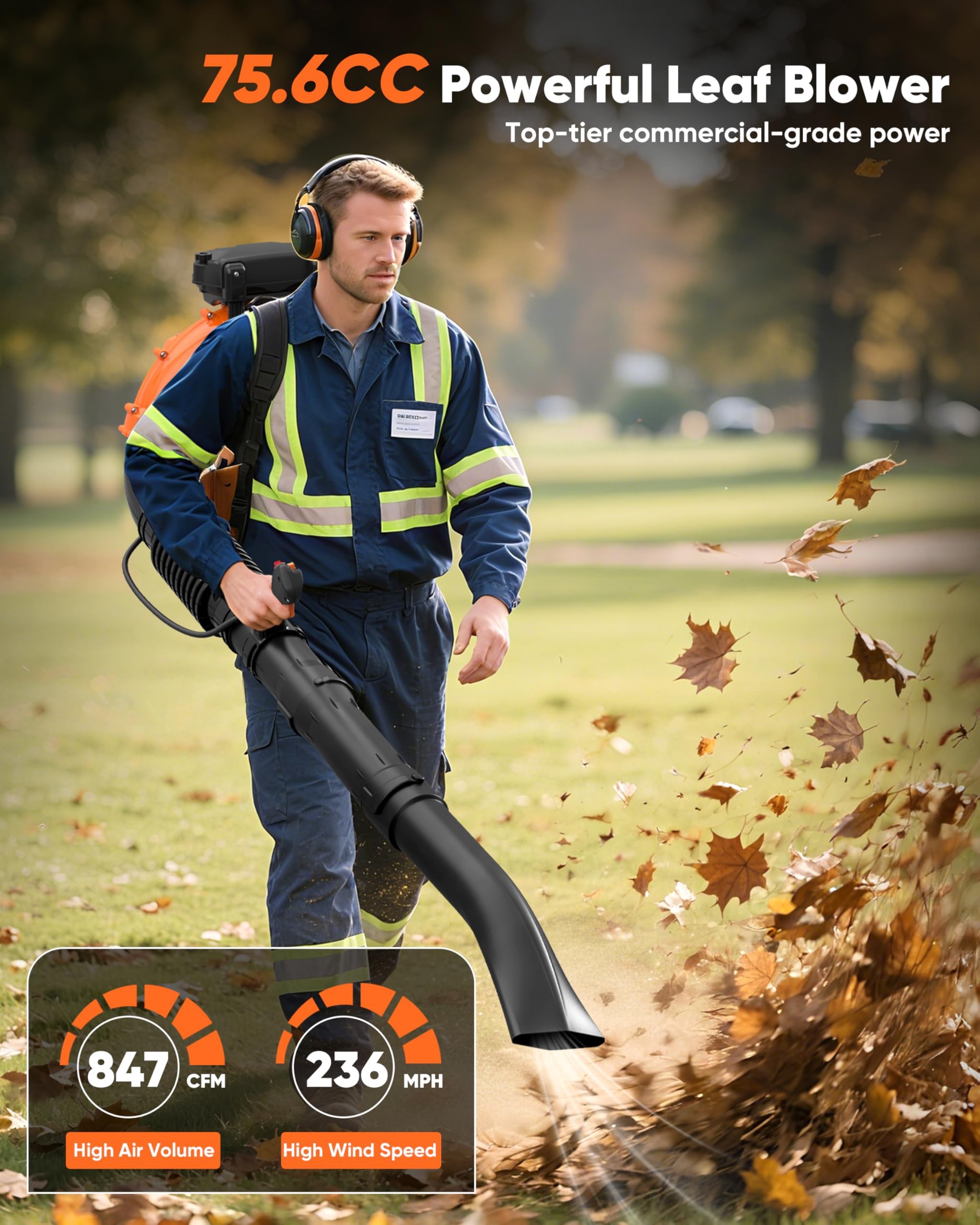 NEO-TEC 75.6CC Gas Backpack Leaf Blower 847CFM 236MPH 2-Cycle Powerful with Low Vibration Ergonomic Harness System