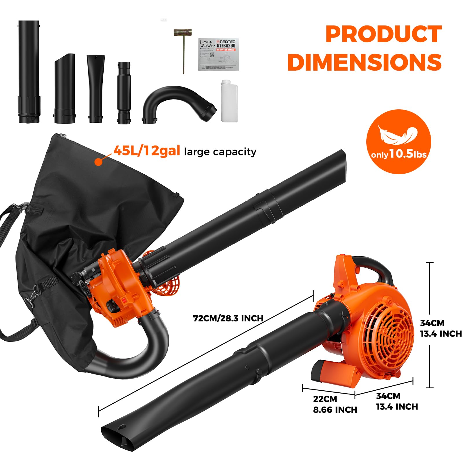 NEOTEC 3-in-1 Leaf Vacuum with Bag and Leaf Mulcher, Gas Leaf Blower – 25.4cc 180 MPH 432 CFM Handheld Blower