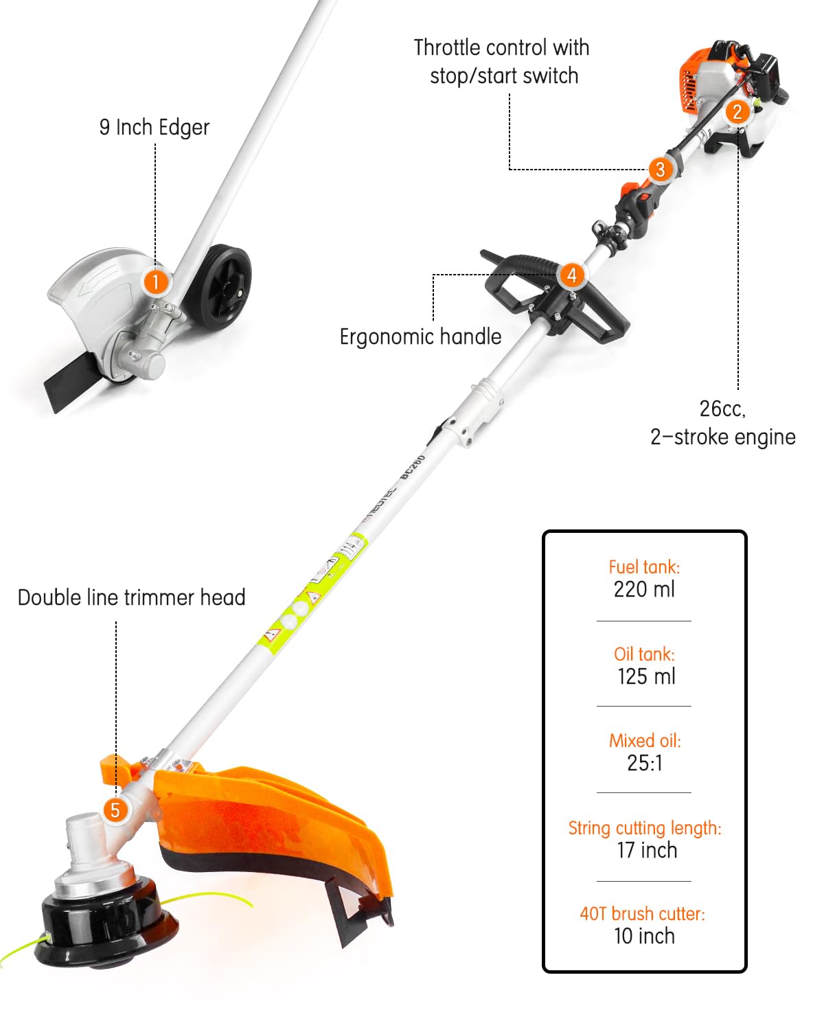 NEO-TEC 26cc 3 in 1 Weed Eater/Wacker Gas Powered 17" Gas String Trimmer Edger Brush Cutter BC260E-X