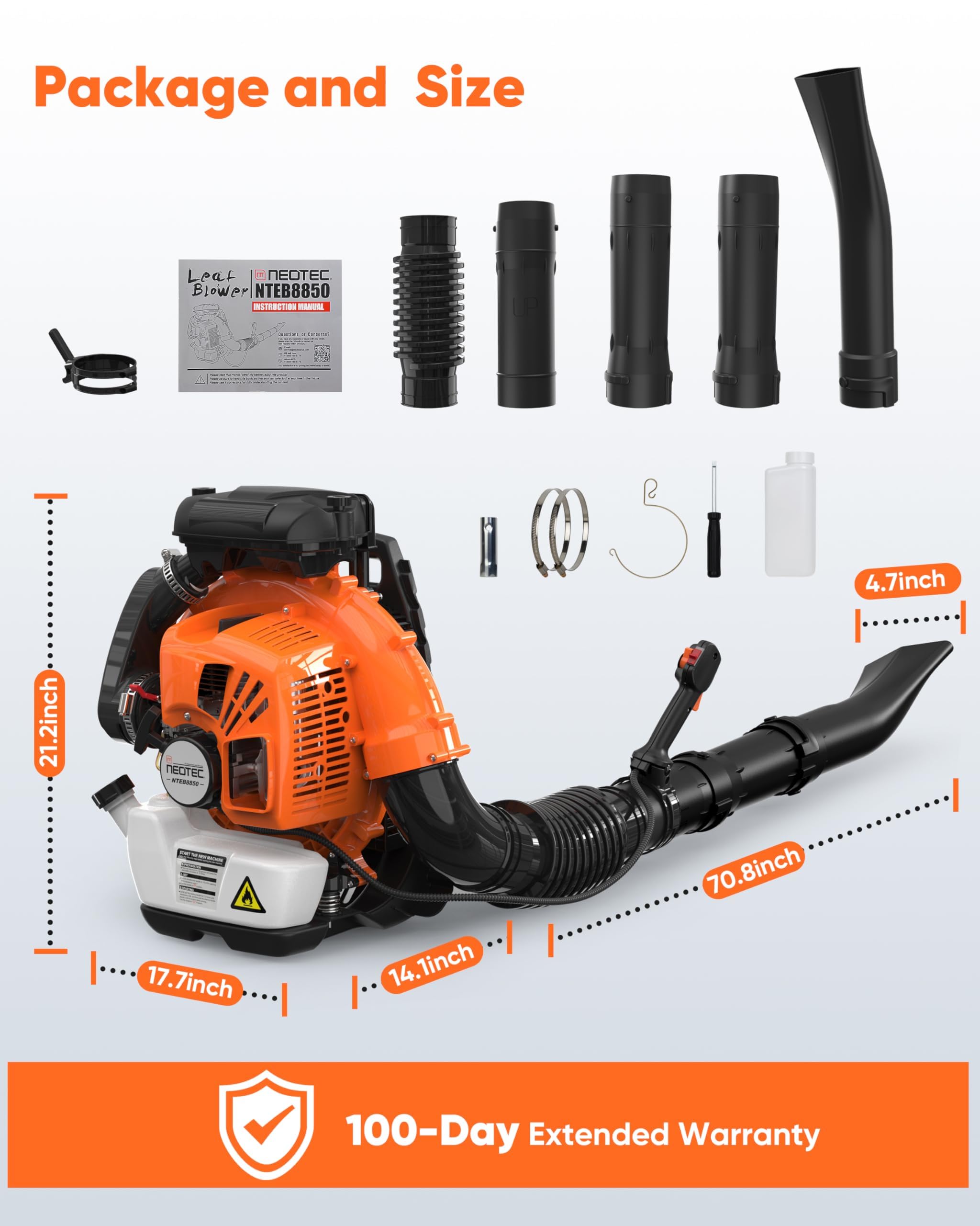 NEO-TEC 75.6CC Gas Backpack Leaf Blower 847CFM 236MPH 2-Cycle Powerful with Low Vibration Ergonomic Harness System