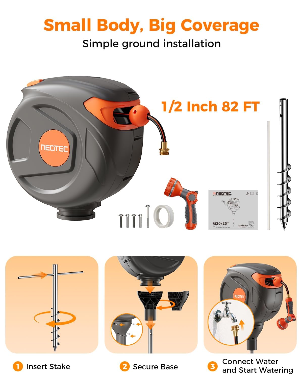 NEO-TEC Retractable Garden Hose Reel 360° Swivel 82ft 1/2 Inch Freestanding No-Drill Water Hose Reel G251225T