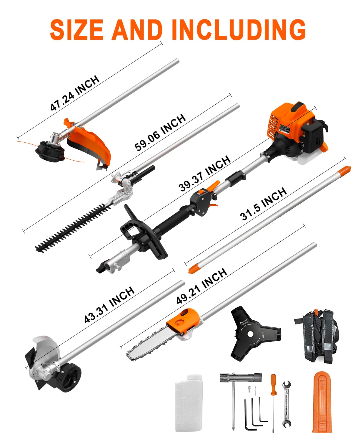 NEOTEC 26cc 6 in 1 Multi Functional Combo Kit, 2 Cycle Gas Powered Hedge Trimmer, Weed Eater Wacker, String Trimmer, Brush Cutter, Edger with 3.3FT Extension Rod