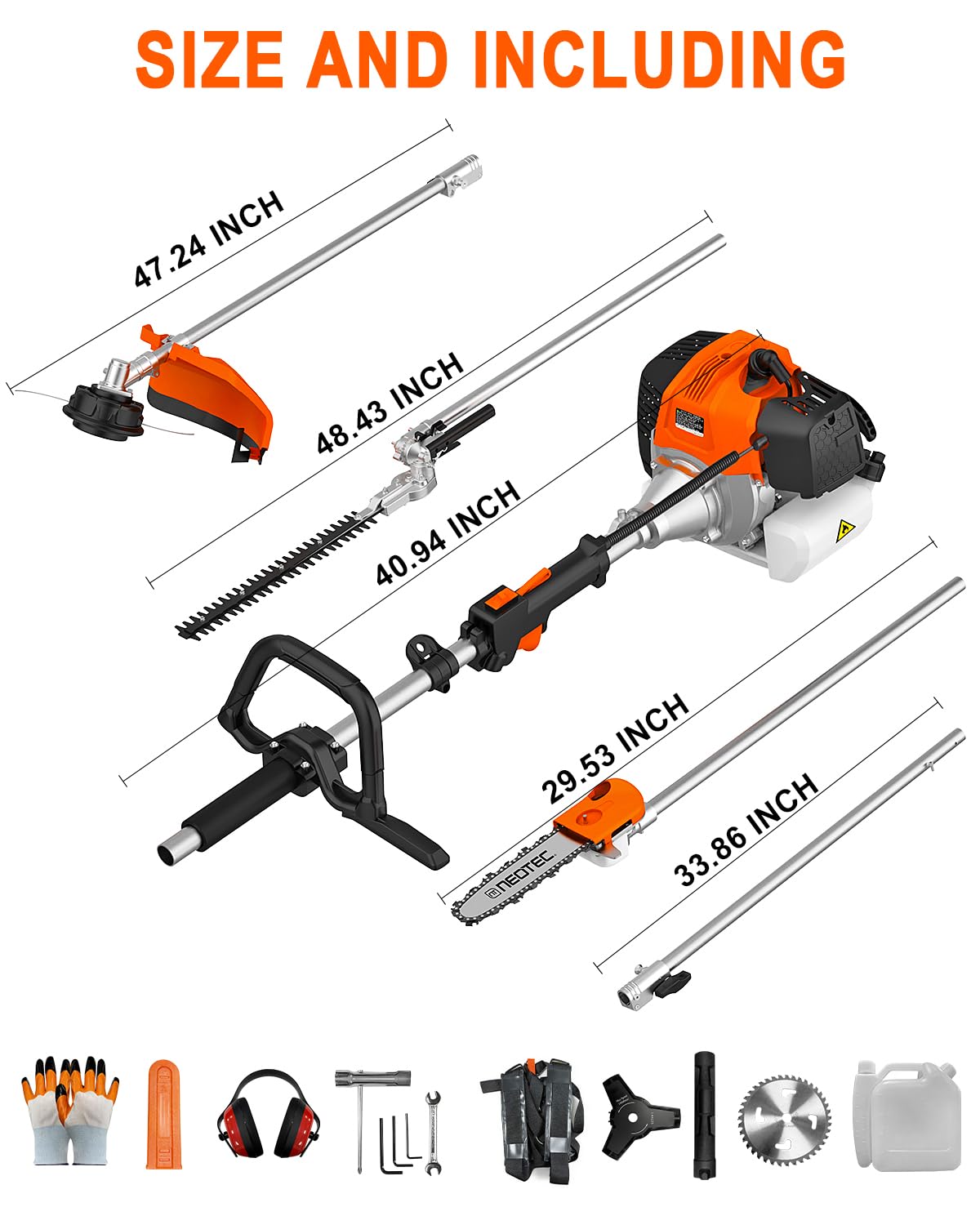 NEO-TEC 52CC 2-Stroke Gas Powered 5-in-1 Multi-Functional Weed Eater & Trimmer Combo Kit - Includes Grass Trimmer, Brush Cutter, Hedge Trimmer, Pole Saw, Blade BC520-5NT