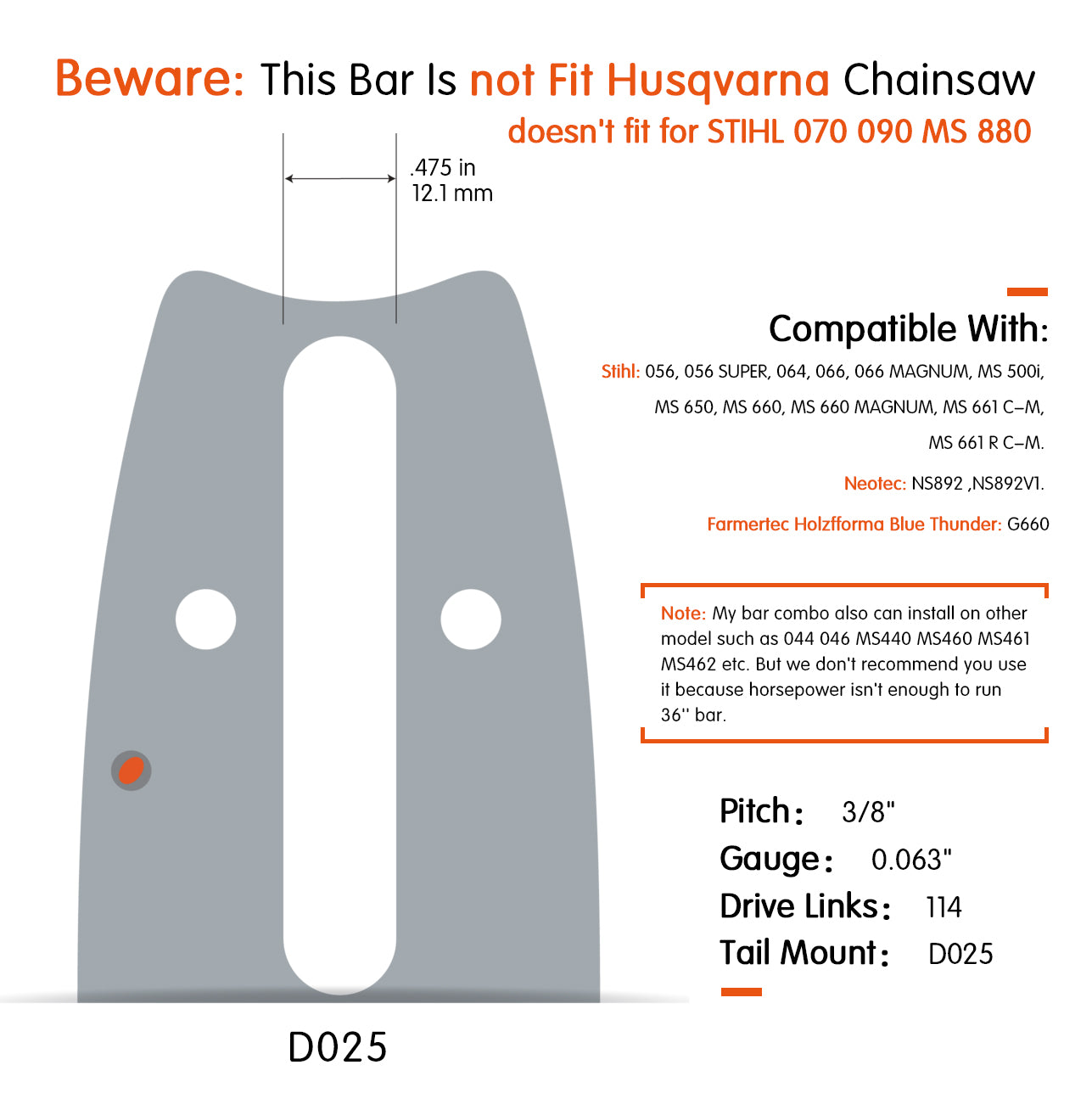 FARMMAC Chainsaw Bar and Chain Combo 3/8 Pitch 0.063 Gauge 25 28 36in U.S. STOCK - NEOTEC CHAINSAW