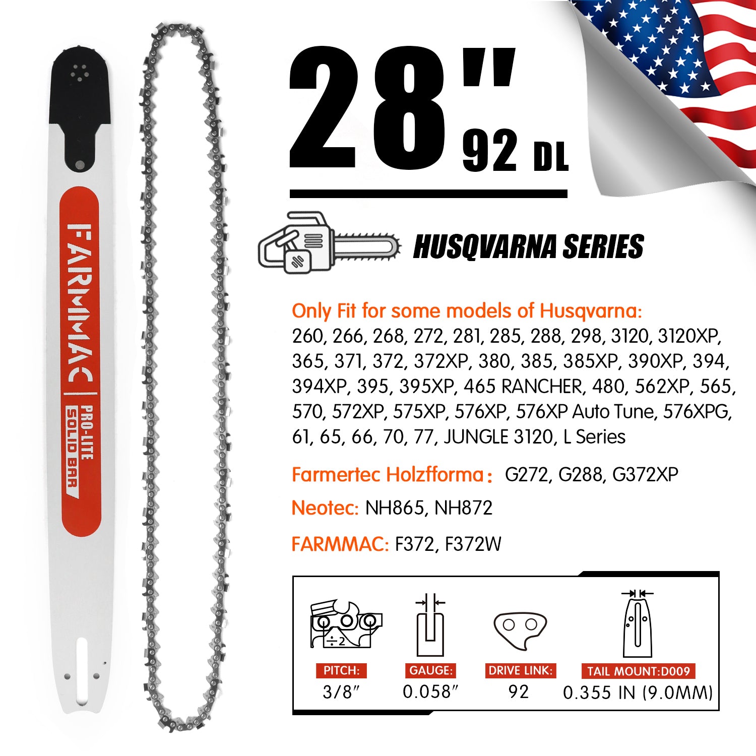 FARMMAC Chainsaw Bar and Chain Combo 3/8 Pitch 0.058 Guage 24 28 36in U.S. STOCK - NEOTEC CHAINSAW