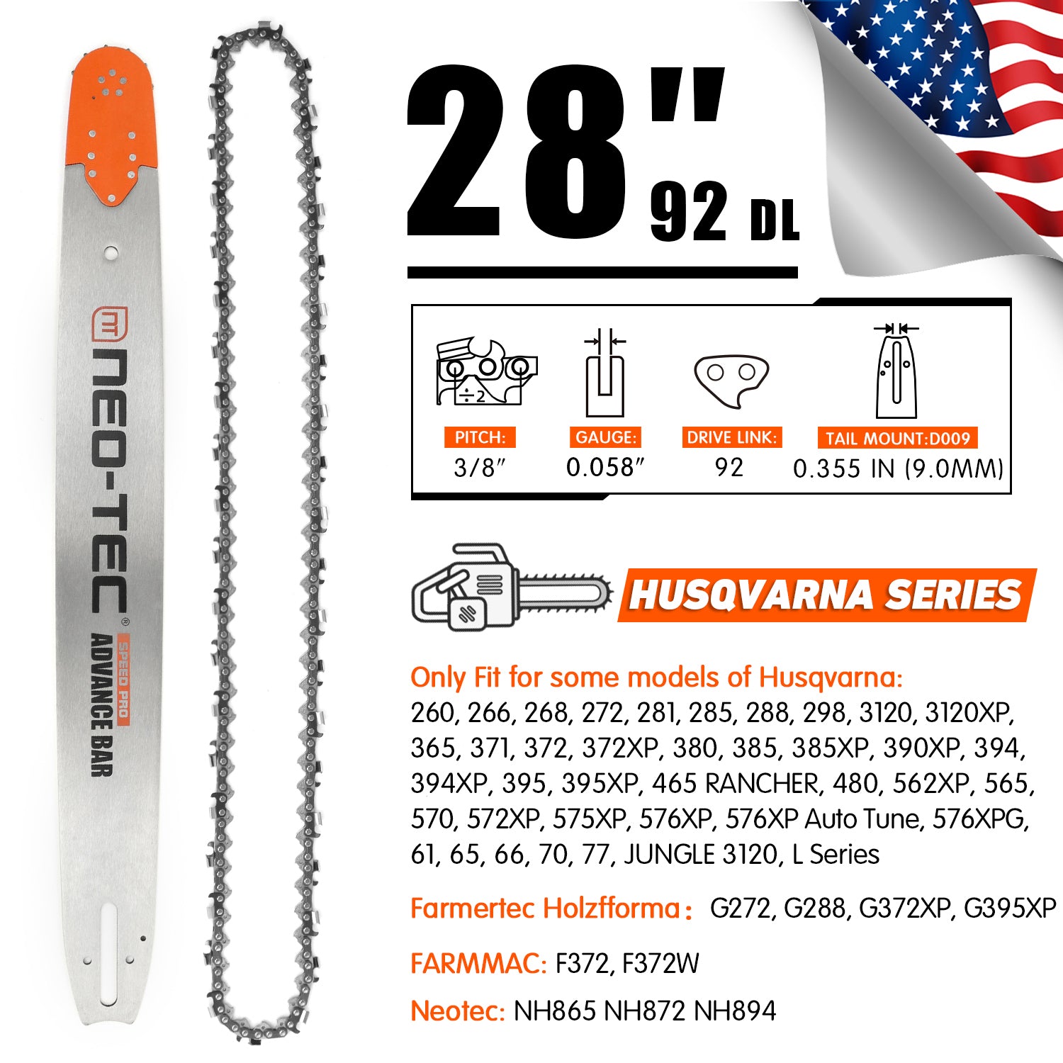 Neotec Chainsaw Bar and Chain Combo 3/8 Pitch 0.058 Gague 28 24 inch U.S. STOCK - NEOTEC CHAINSAW