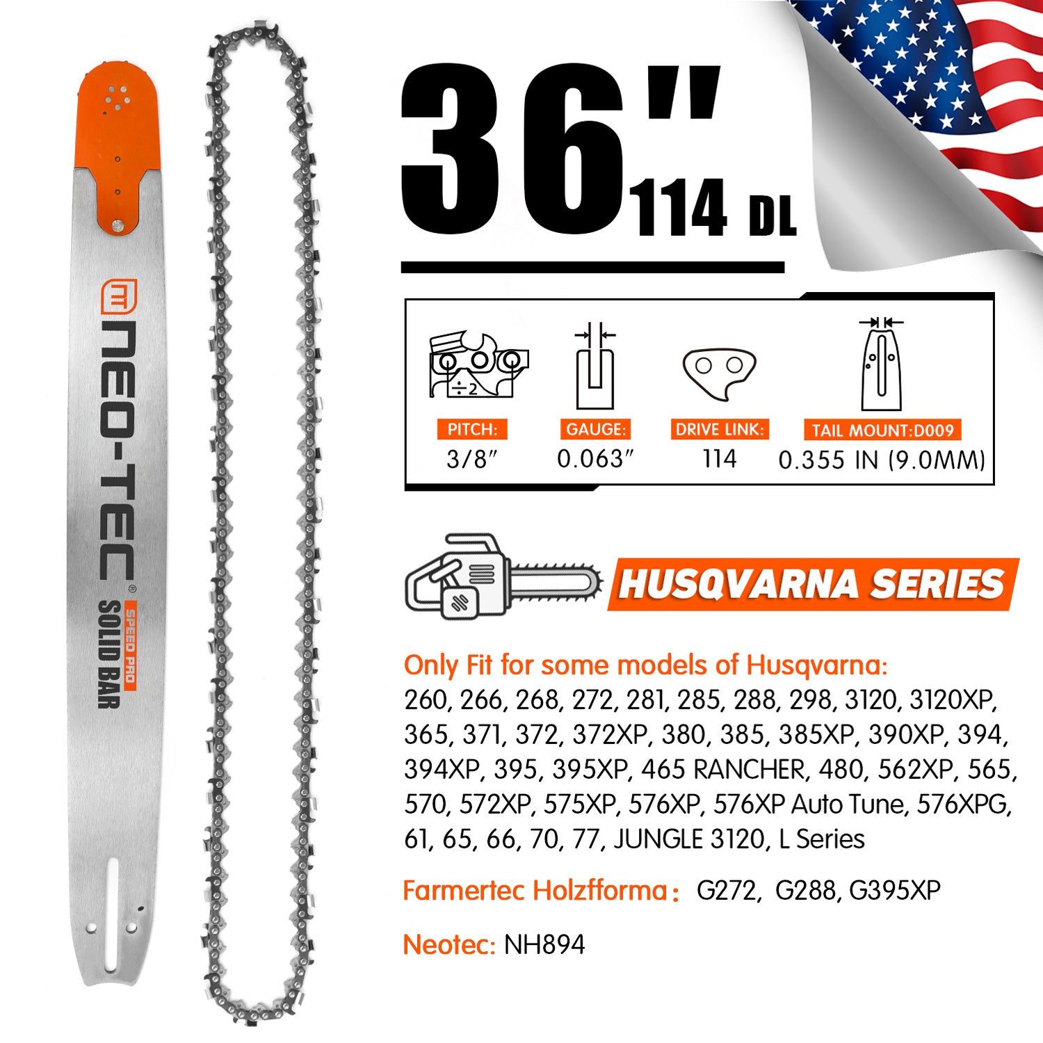 NEOTEC 3/8 Pitch Chainsaw Bar & Chain Combo for Husqvarna 365/372/395XP Models