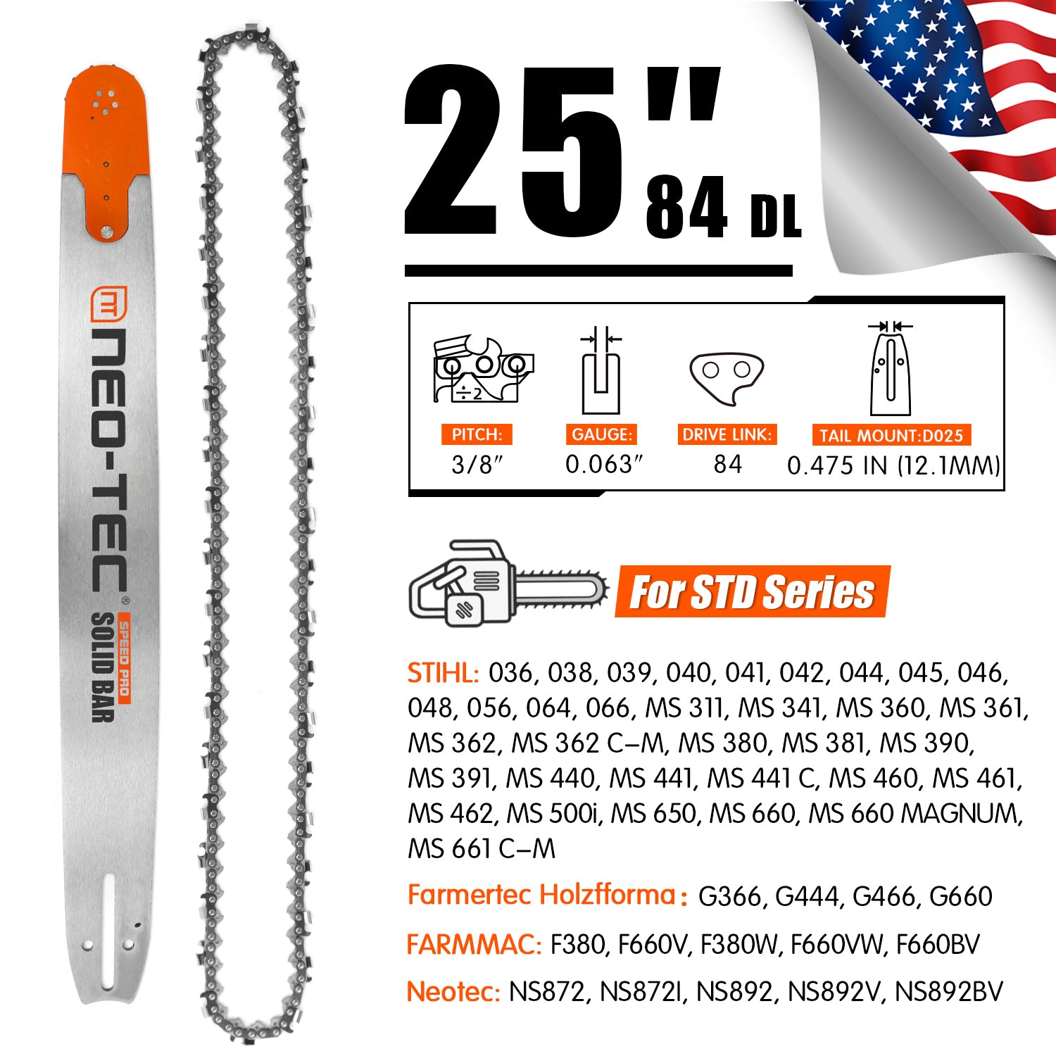 Neotec Chainsaw Bar and Chain Combo 3/8 Pitch 0.063 Gague 25/28/36/42in U.S. STOCK - NEOTEC CHAINSAW
