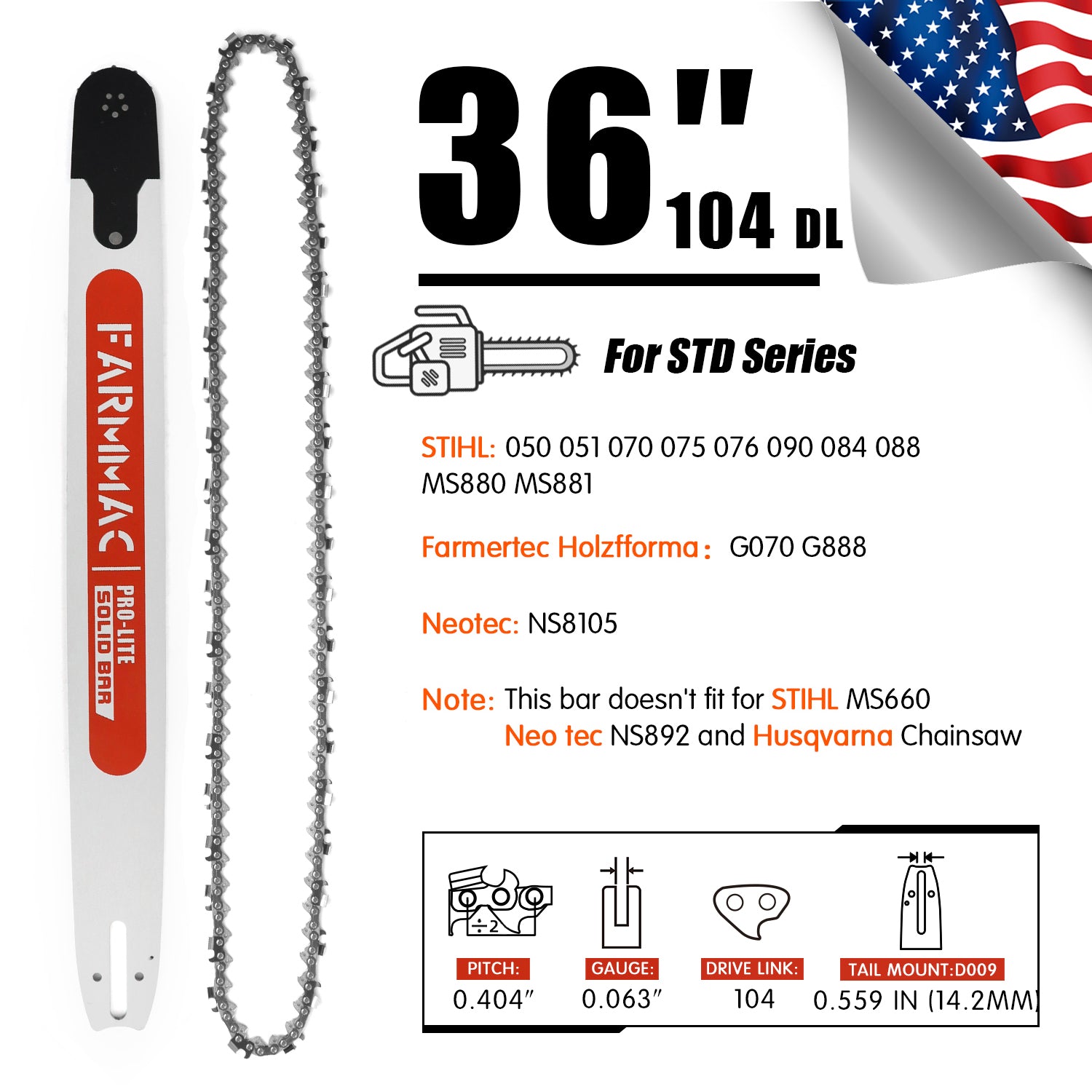 FARMMAC 36" Chainsaw Bar .404 .063 Gauge Full-Chisel 084/088