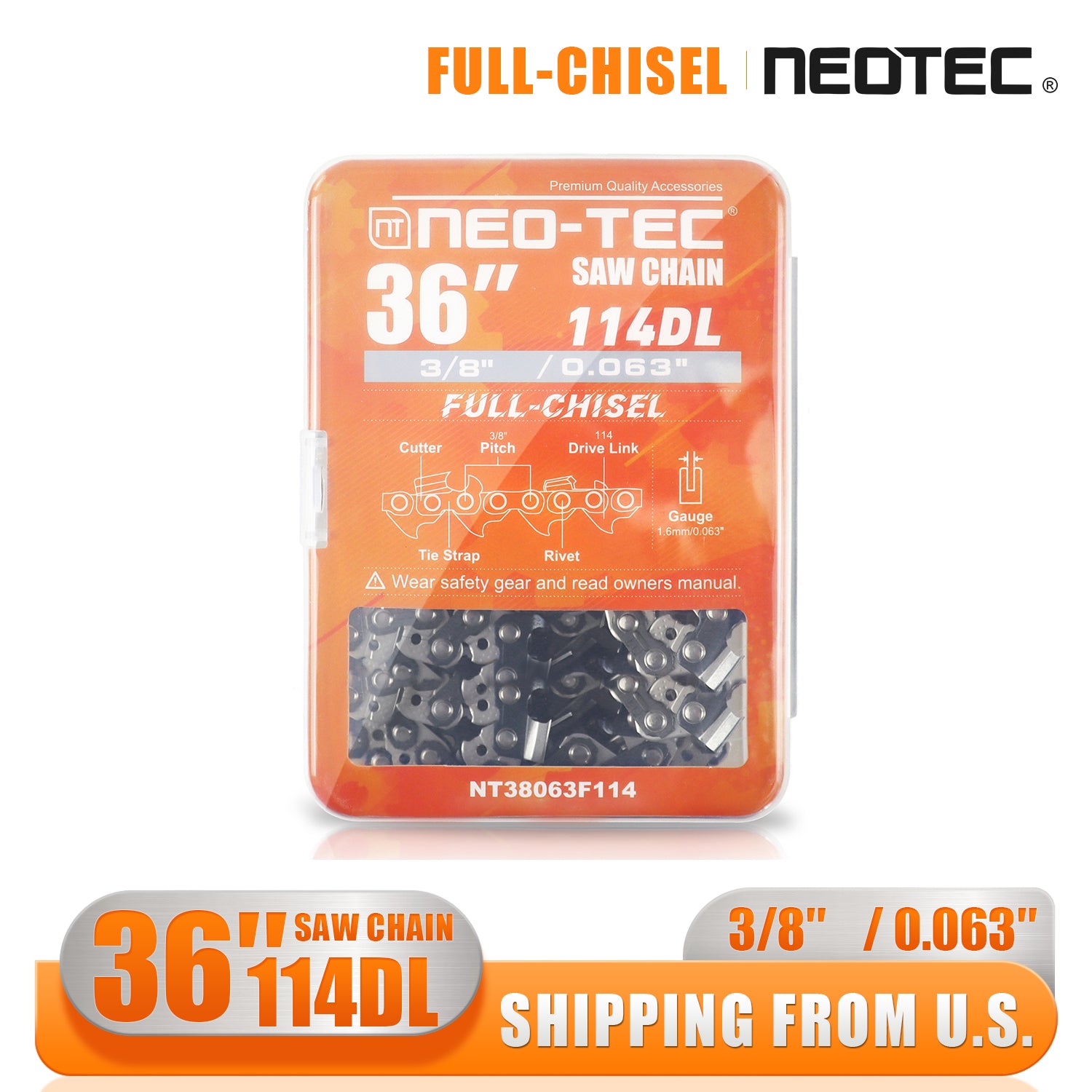 36 Inch Chainsaw Chain Blades Full Chisel 3/8 Pitch 0.063'' Gauge 114 Drive Link Fit Stihl Blades Cadena 038 044 046 056 MS440 MS460 MS441 MS461 MS381 MS382 MS660 MS660 G660 Husqvarna 395XP