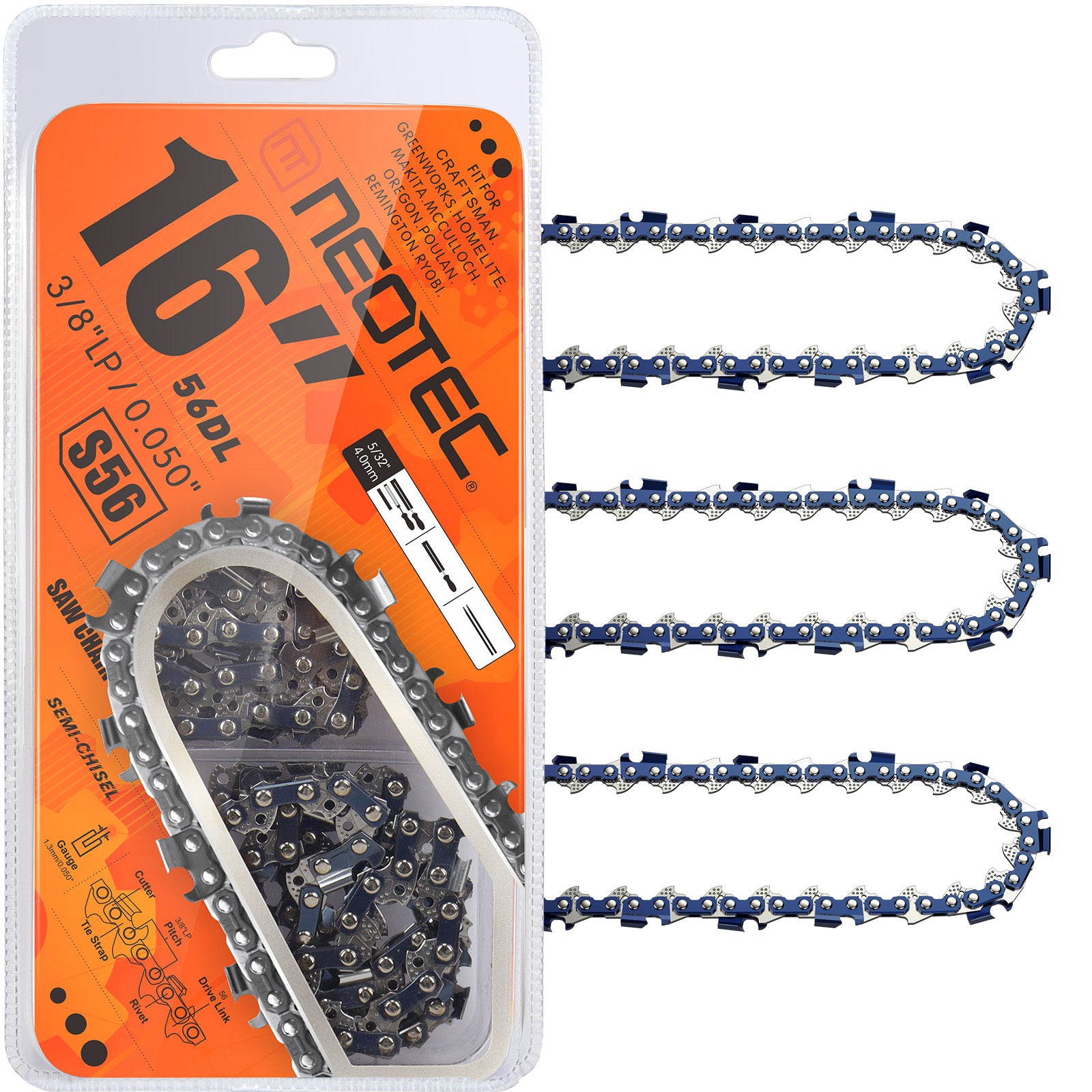 NEO-TEC 16 Inch Chainsaw Chain 3/8" LP Pitch, 0.050" Gauge, 56 Drive Links Fits for Craftsman, Poulan, Echo, Greenworks Chainsaw and More- S56 (3 Chains)