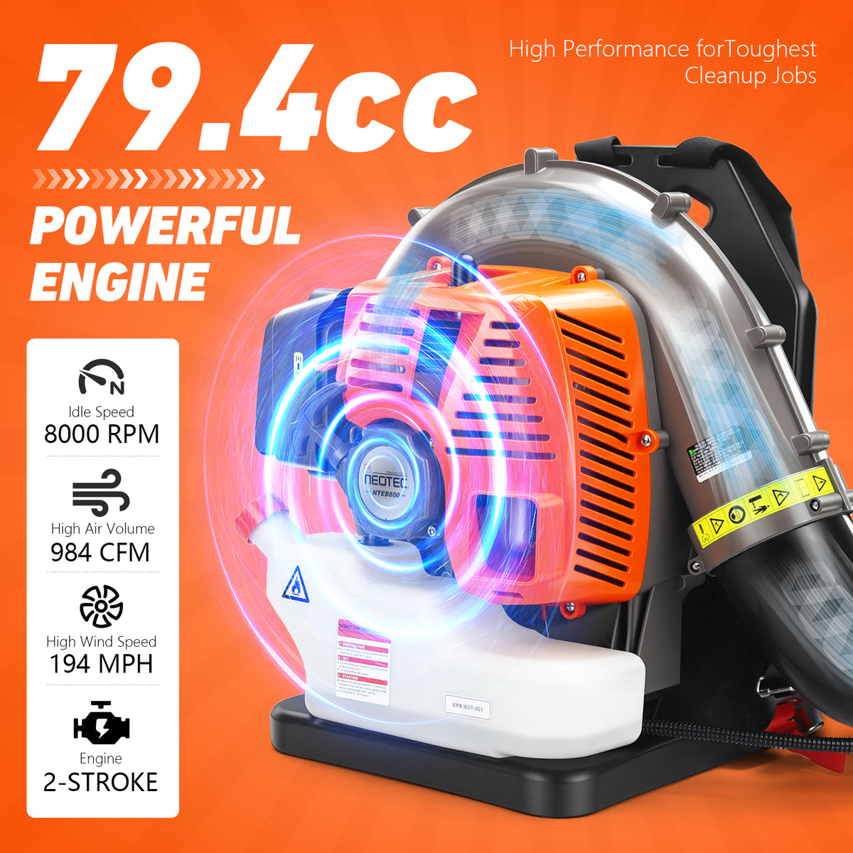 Gas Backpack Leaf Blower 79.4cc 2-Stroke, 984CFM 194MPH Anti-Vibration for Wet Leaves, Yard & Snow Cleanup