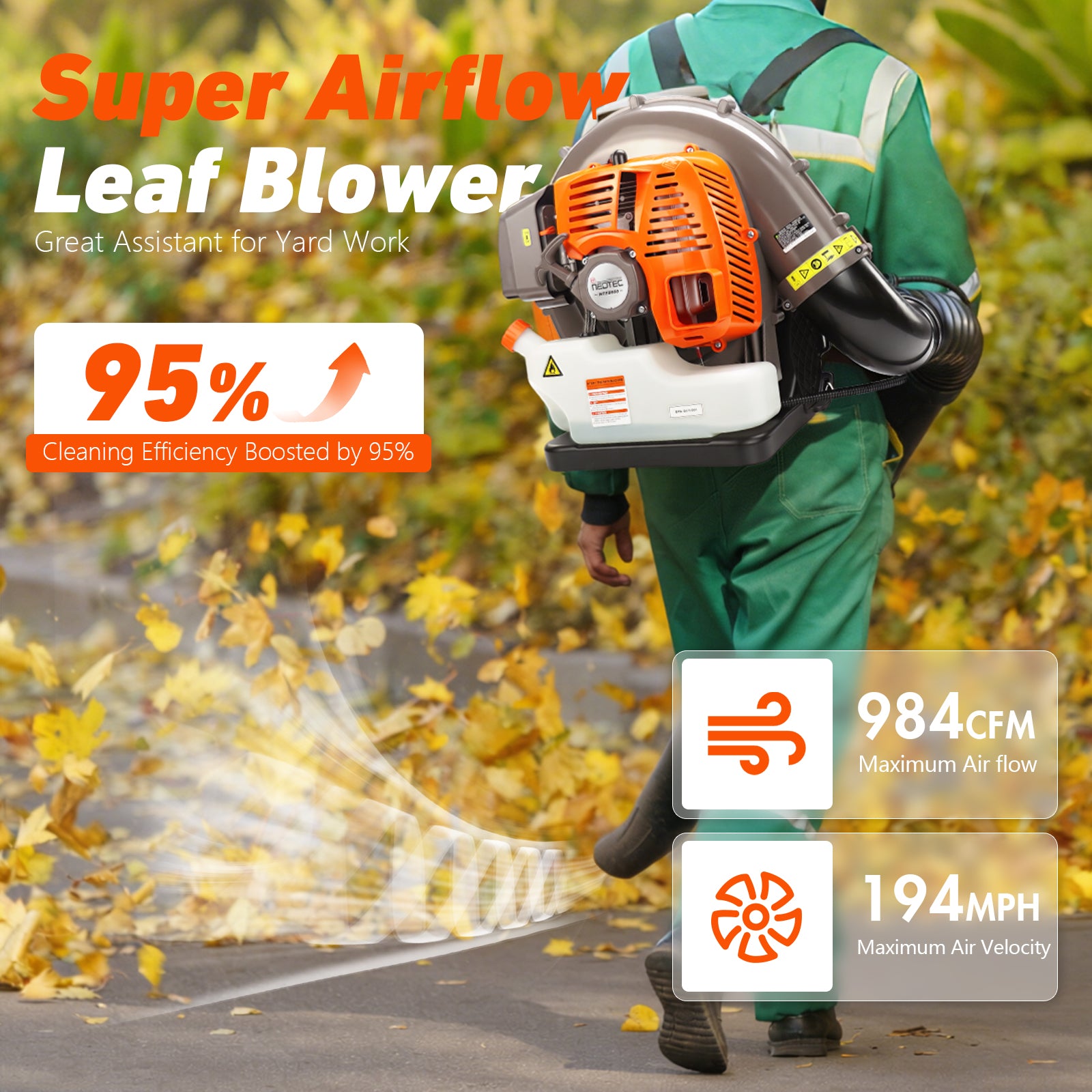 Gas Backpack Leaf Blower 79.4cc 2-Stroke, 984CFM 194MPH Anti-Vibration for Wet Leaves, Yard & Snow Cleanup